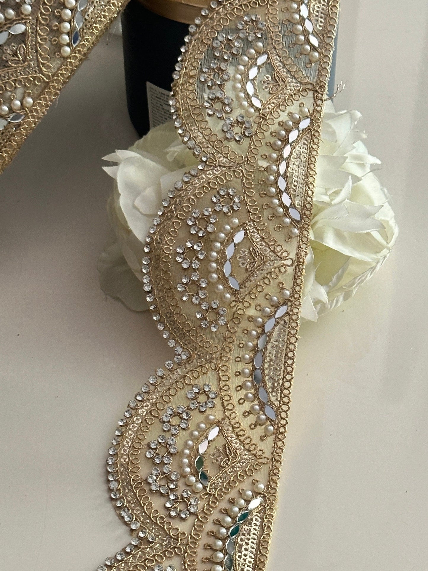 Scalloped Zircon and Mirror Embellished Pearl Sari Indian Border Indian Dupatta Lace
