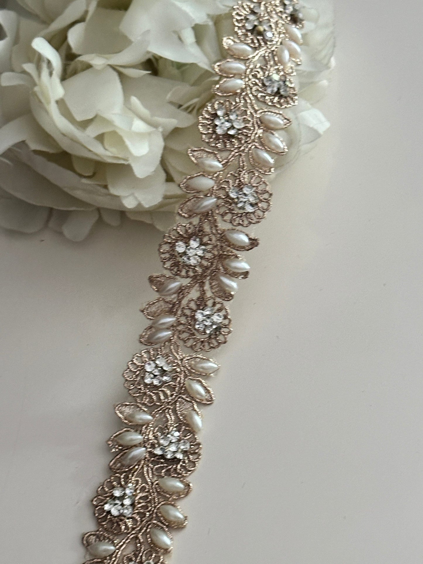 Rose Gold Pearl Crystal Embroidered Lace Pearl Embroidered Band Zari Embellish