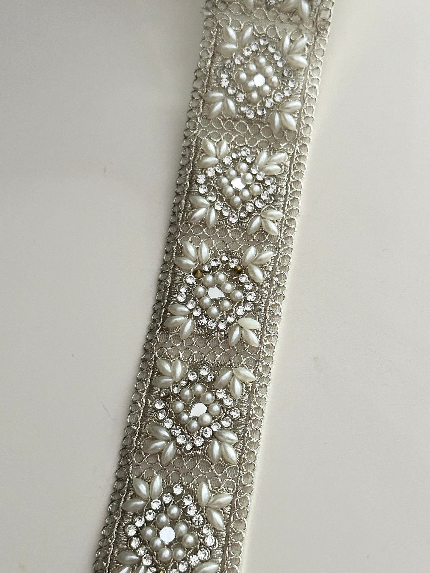 Silver pearl and crystal zircon 4.5cm embellished Indian border By yard sari trim