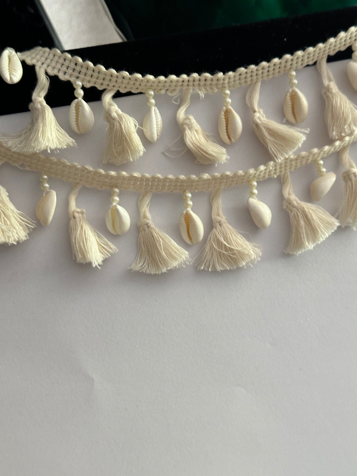 Cotton White Suspended Tassel Cowri Shell & Pearl Bead Decorative Tassel Trim 4cm