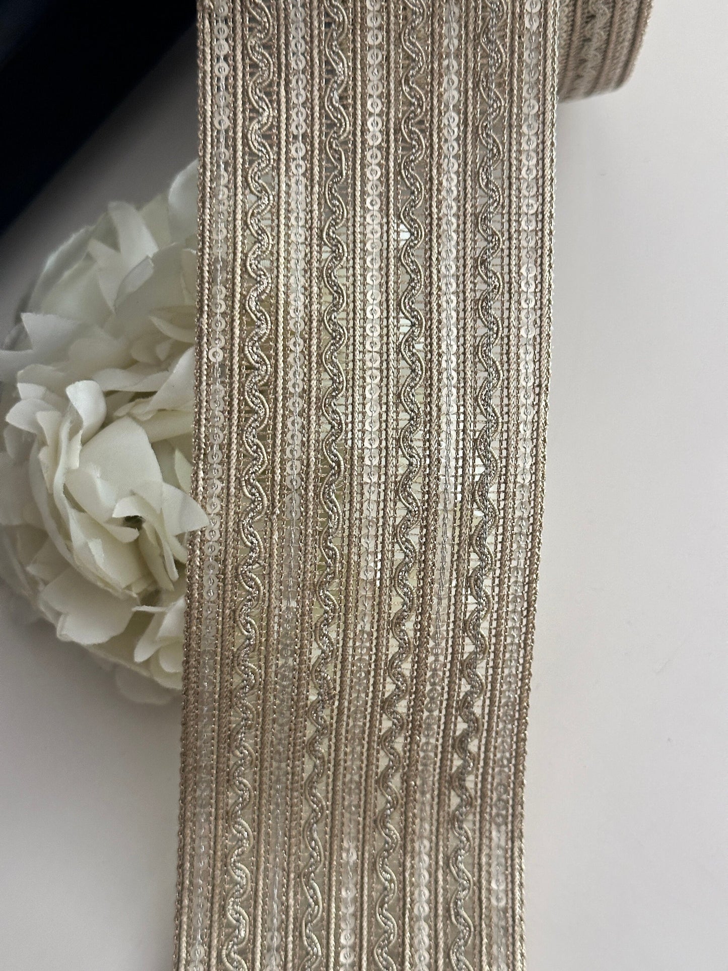 Pale Gold Metallic Woven Sequin Trim Indian Zari Band 6.5cm Embroidered Ribbon
