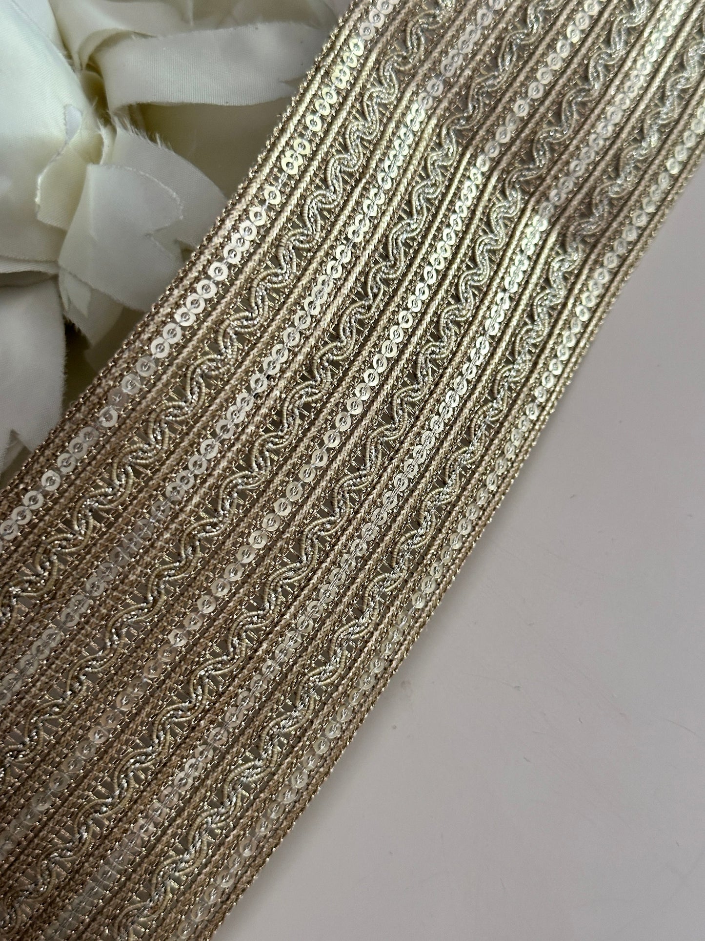 Pale Gold Metallic Woven Sequin Trim Indian Zari Band 6.5cm Embroidered Ribbon