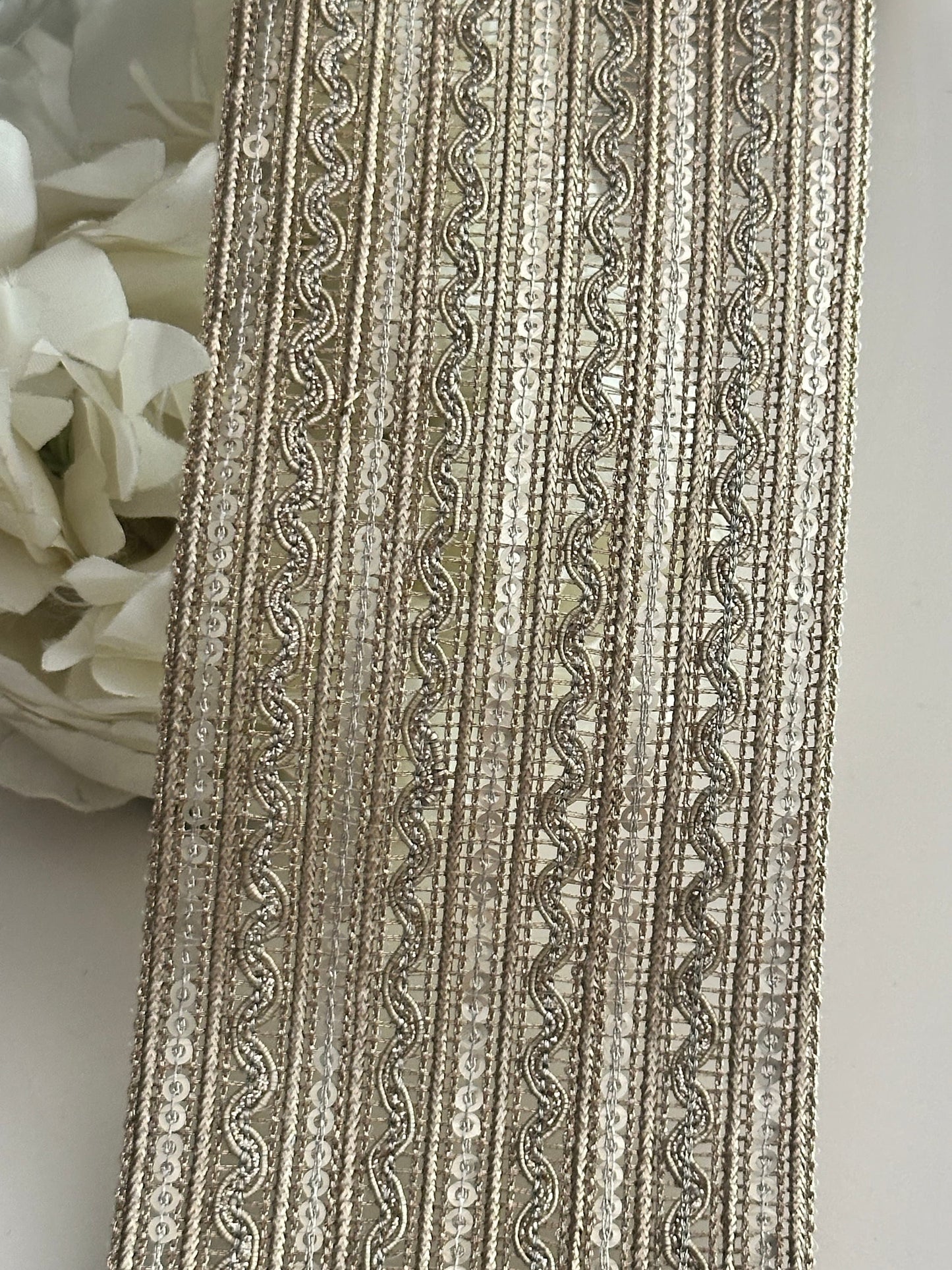 Pale Gold Metallic Woven Sequin Trim Indian Zari Band 6.5cm Embroidered Ribbon