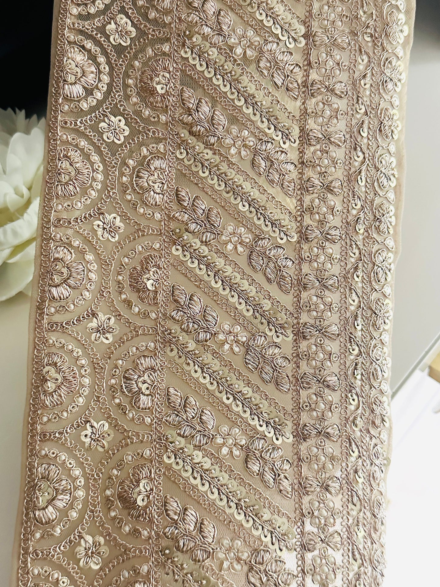 17cm Creme Gold Zari Sequin Embroidered Cutwork Trim Broad Sari Border for Indian Wedding Dress DIY Sewing & Crafting Embellishments By Yard