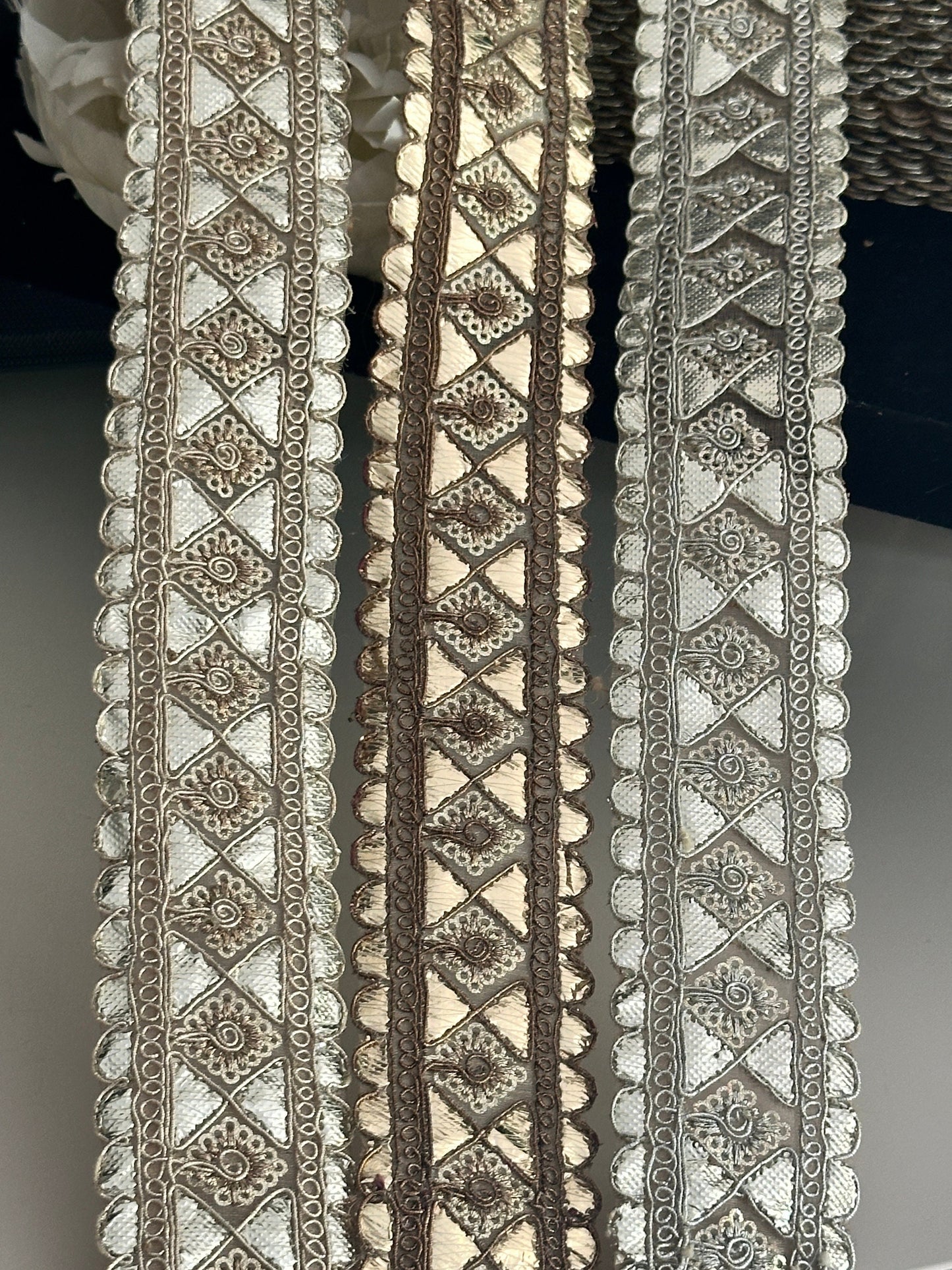 Gota Patti Embroidered Indian Border Trim 3cm in Silver Water Gold and Antique Brown