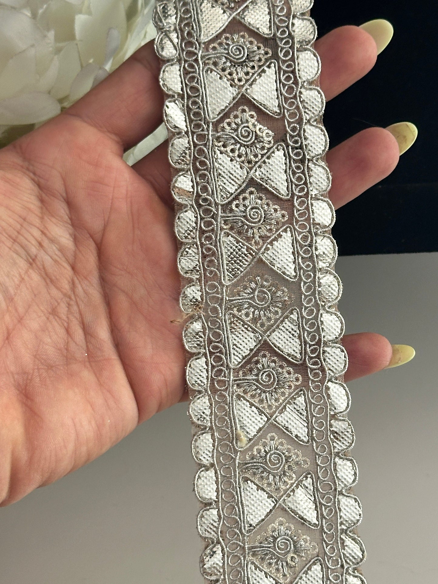 Gota Patti Embroidered Indian Border Trim 3cm in Silver Water Gold and Antique Brown