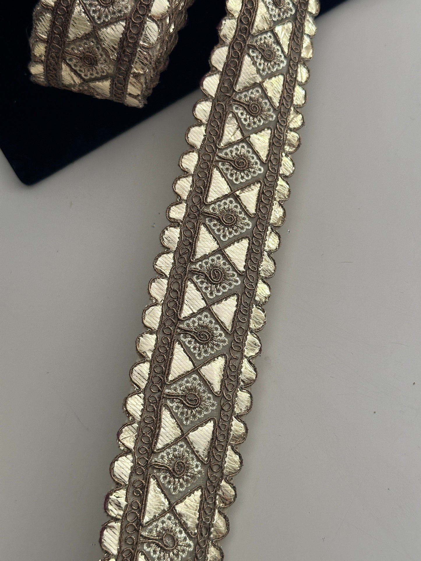 Gota Patti Embroidered Indian Border Trim 3cm in Silver Water Gold and Antique Brown