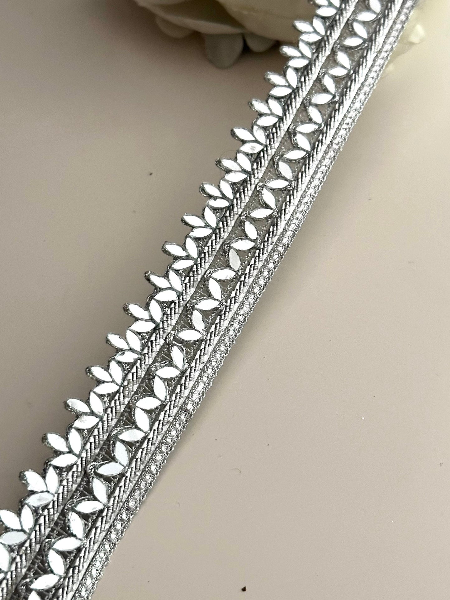 Indian Mirror Trim On Zari Base Glamourous saree Border 2.5cm Silver Indian Bollywood Mirror Band