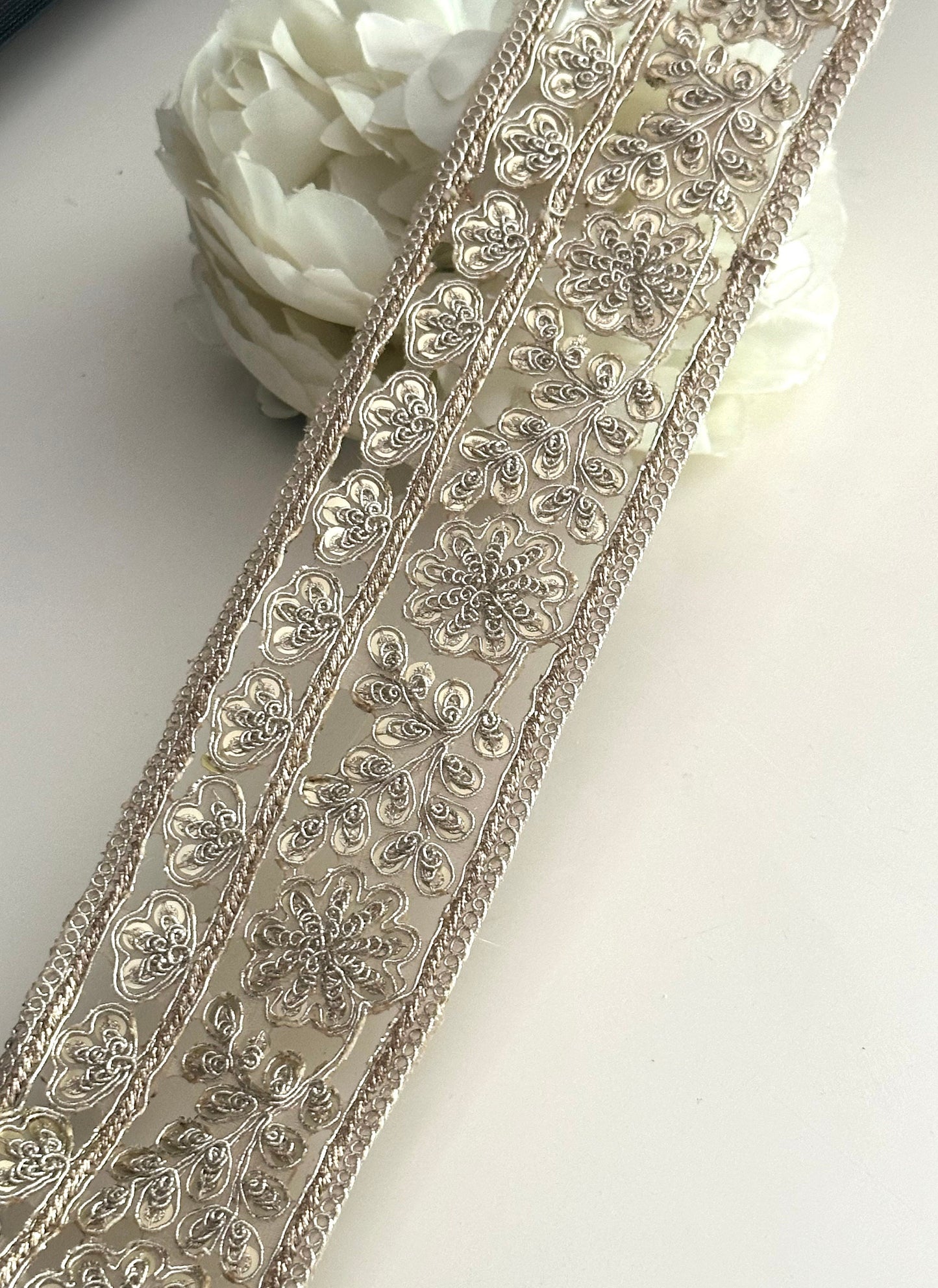 Indian Zari Embroidery & Sequin Cutwork Trim Pale Gold Traditional Trim