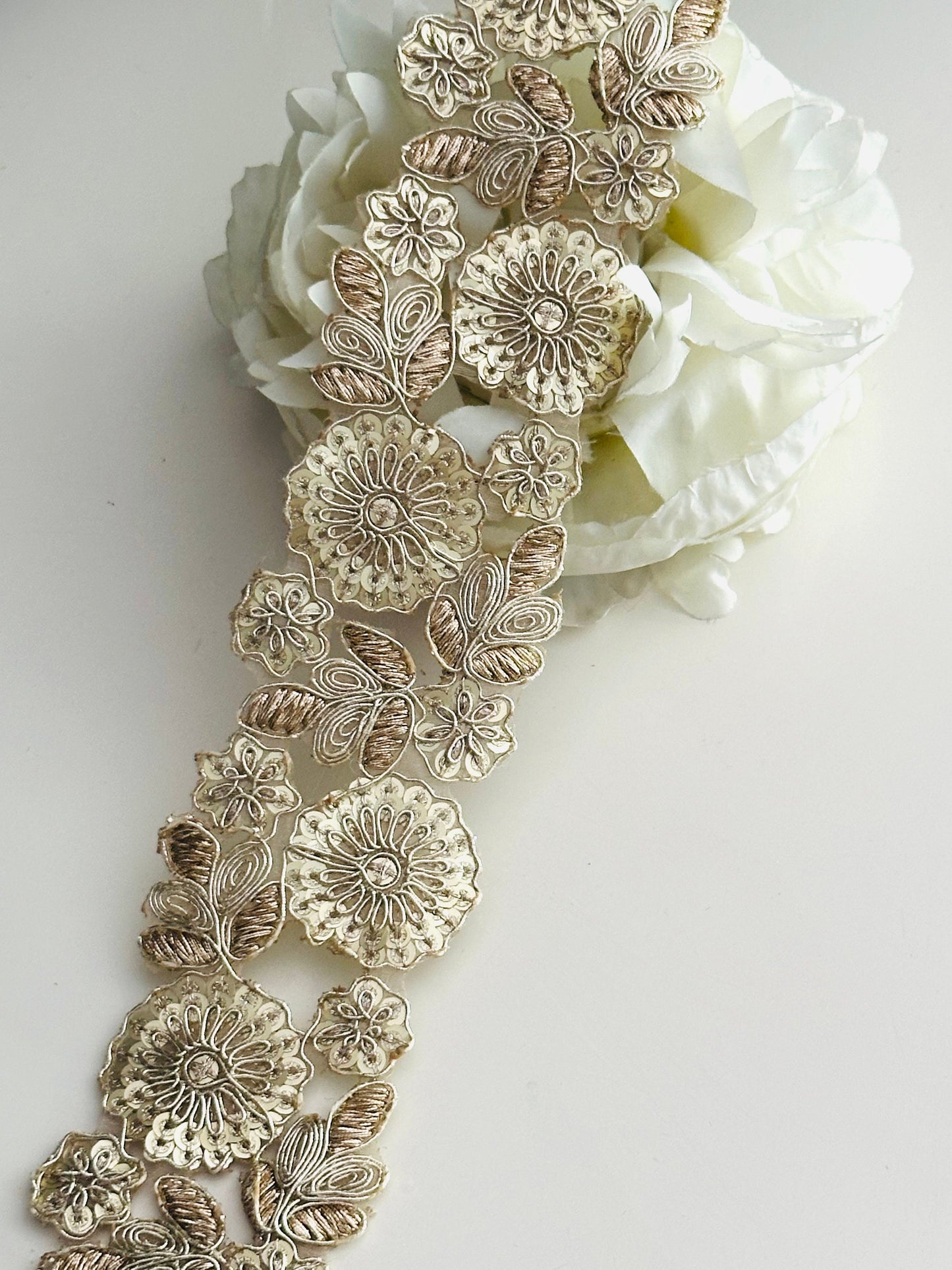 Zari Appliqué Floral Cutwork Light Gold Indian Embroidered Sequence Ribbon 5cm