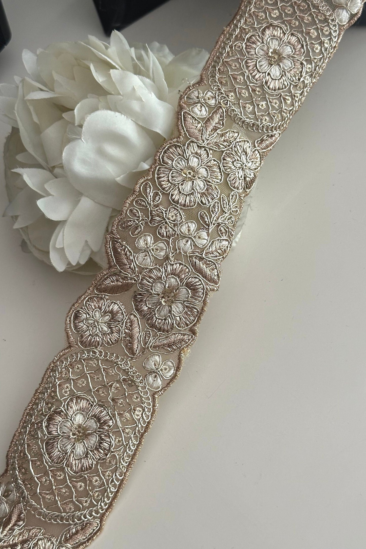 5cm Indian Embroidered Zari Work Pale Gold Floral Trim Sari Border Traditional Embossed