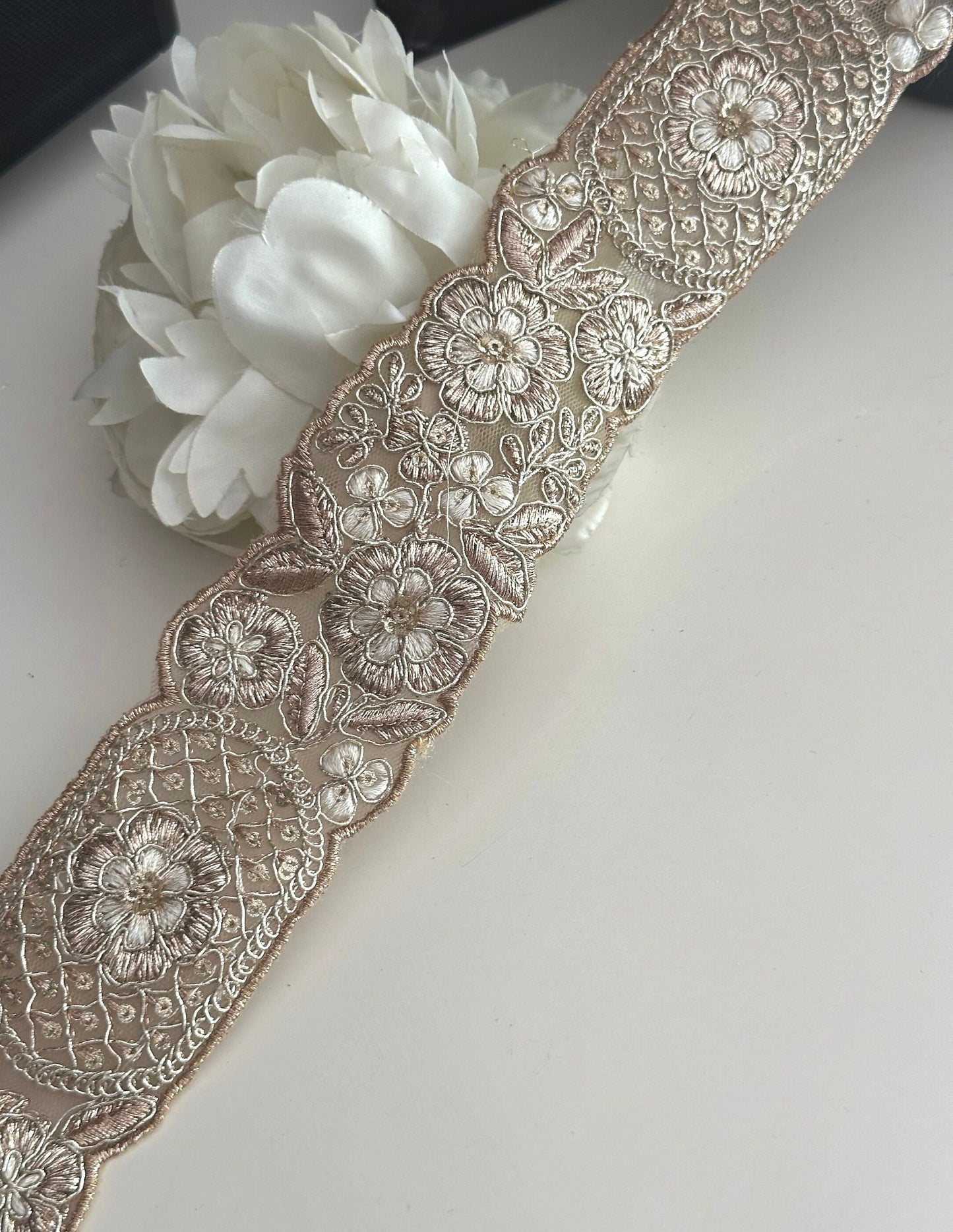5cm Indian Embroidered Zari Work Pale Gold Floral Trim Sari Border Traditional Embossed