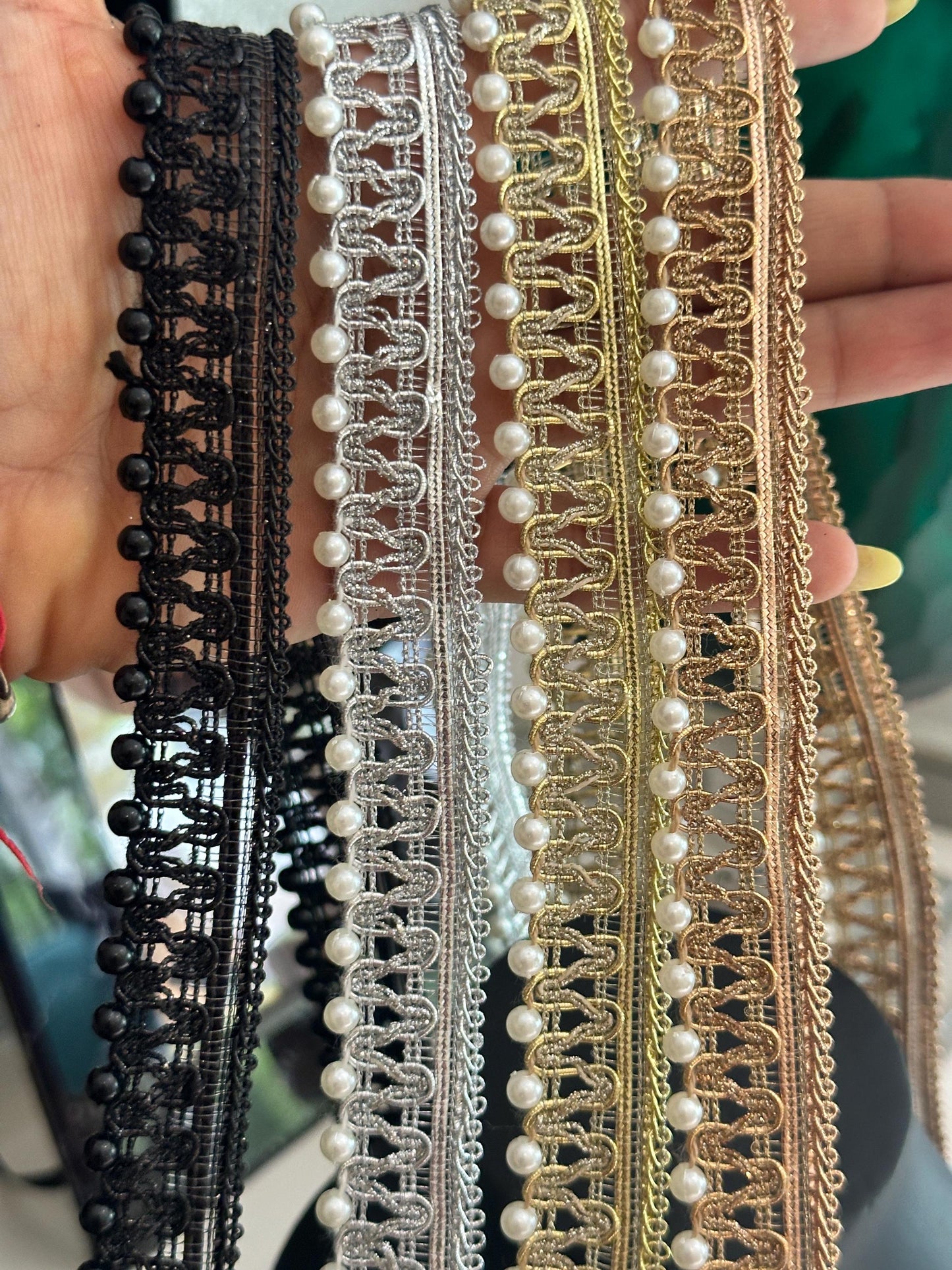 Pearl Beaded Lace Metallic Trim Pearl Lace Border Bridal Costume Trim Tassel Pearl Edging Lace