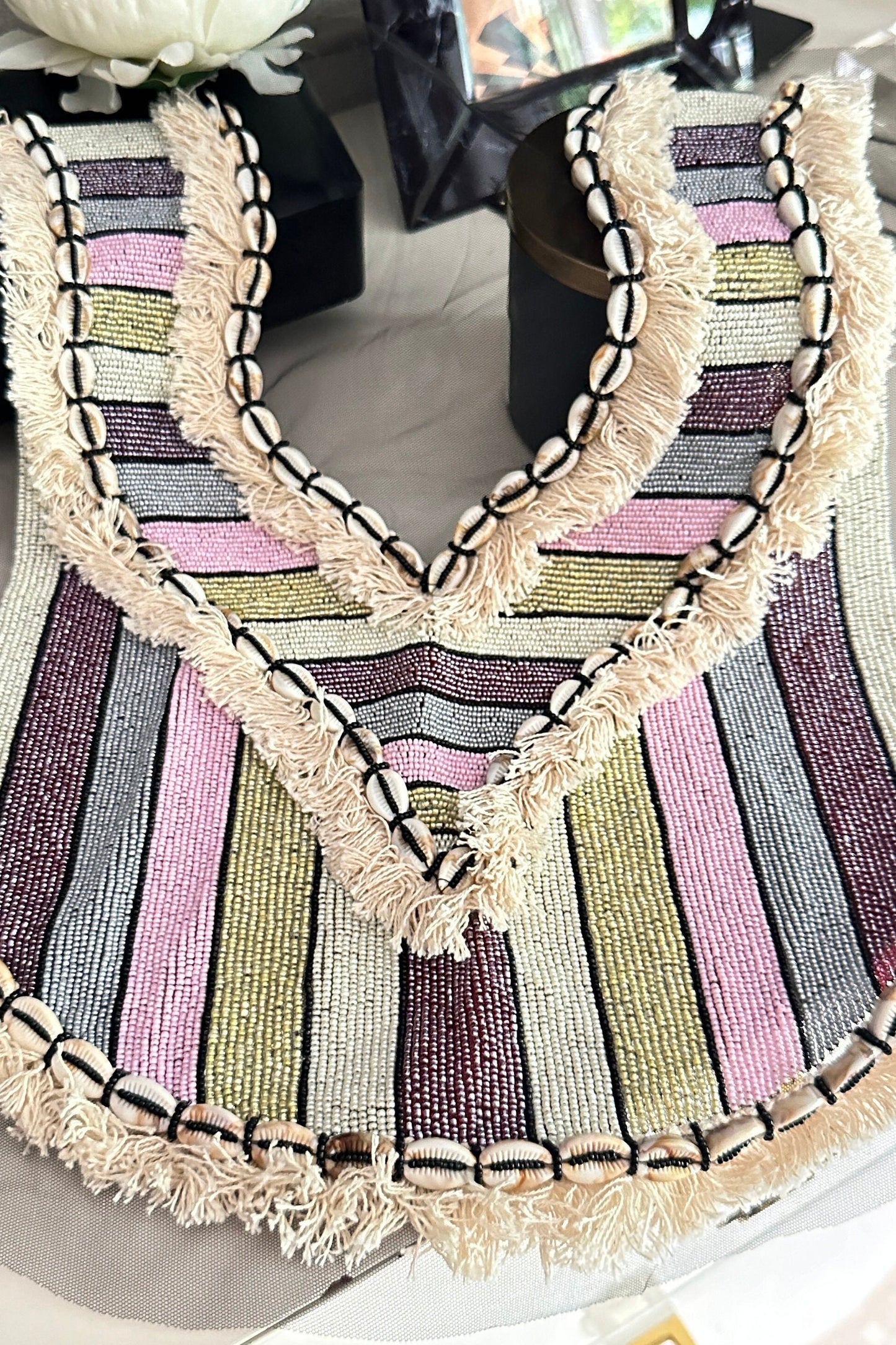 Neckline Patch Sew On Hand Embroidered Beadwork Glass Bead With Shell Lace