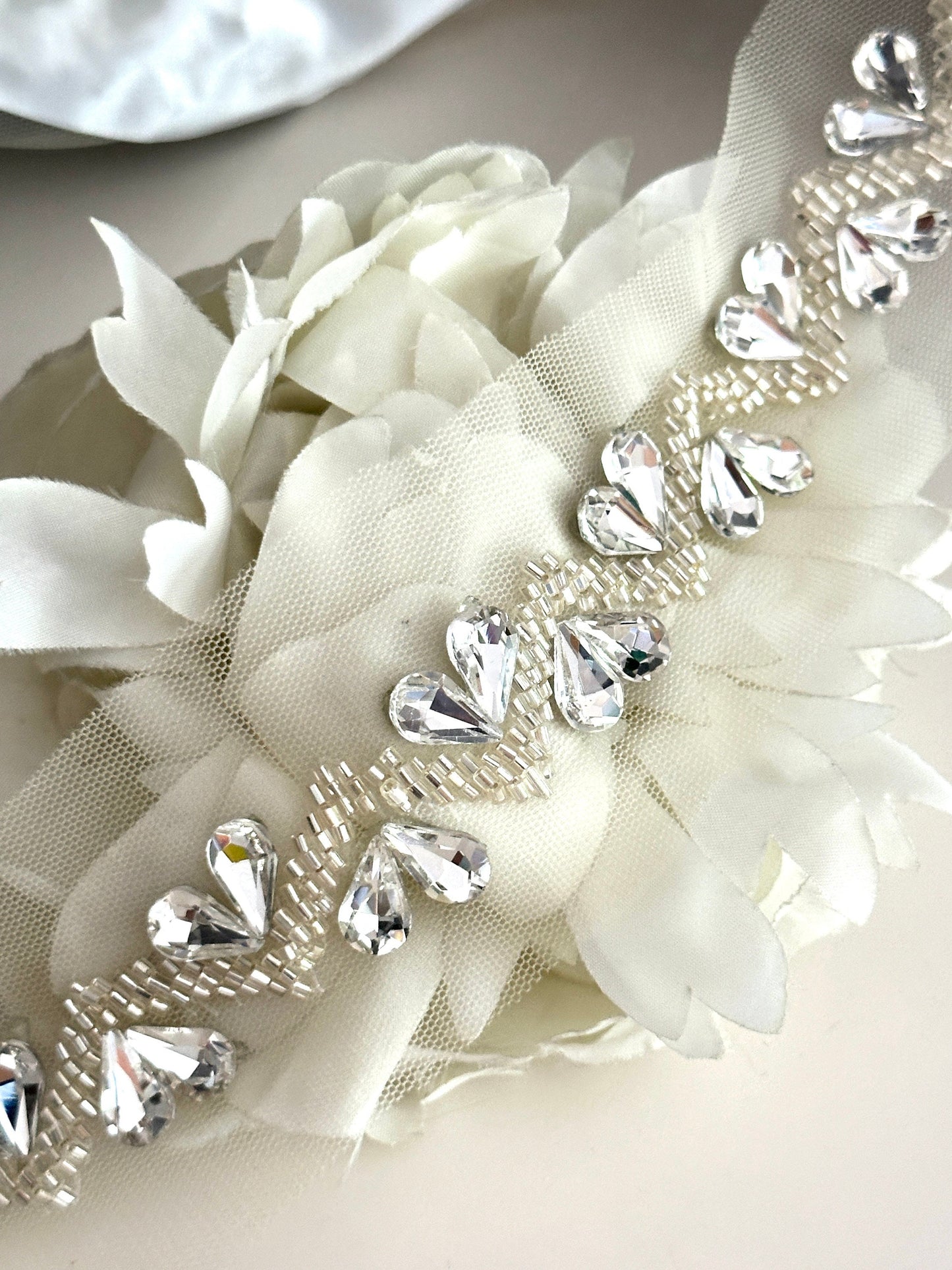 Silver Crystal Rhinestone Beaded Applique Trim 2cm Handmade Bridal Crystal Rhinestone Lace