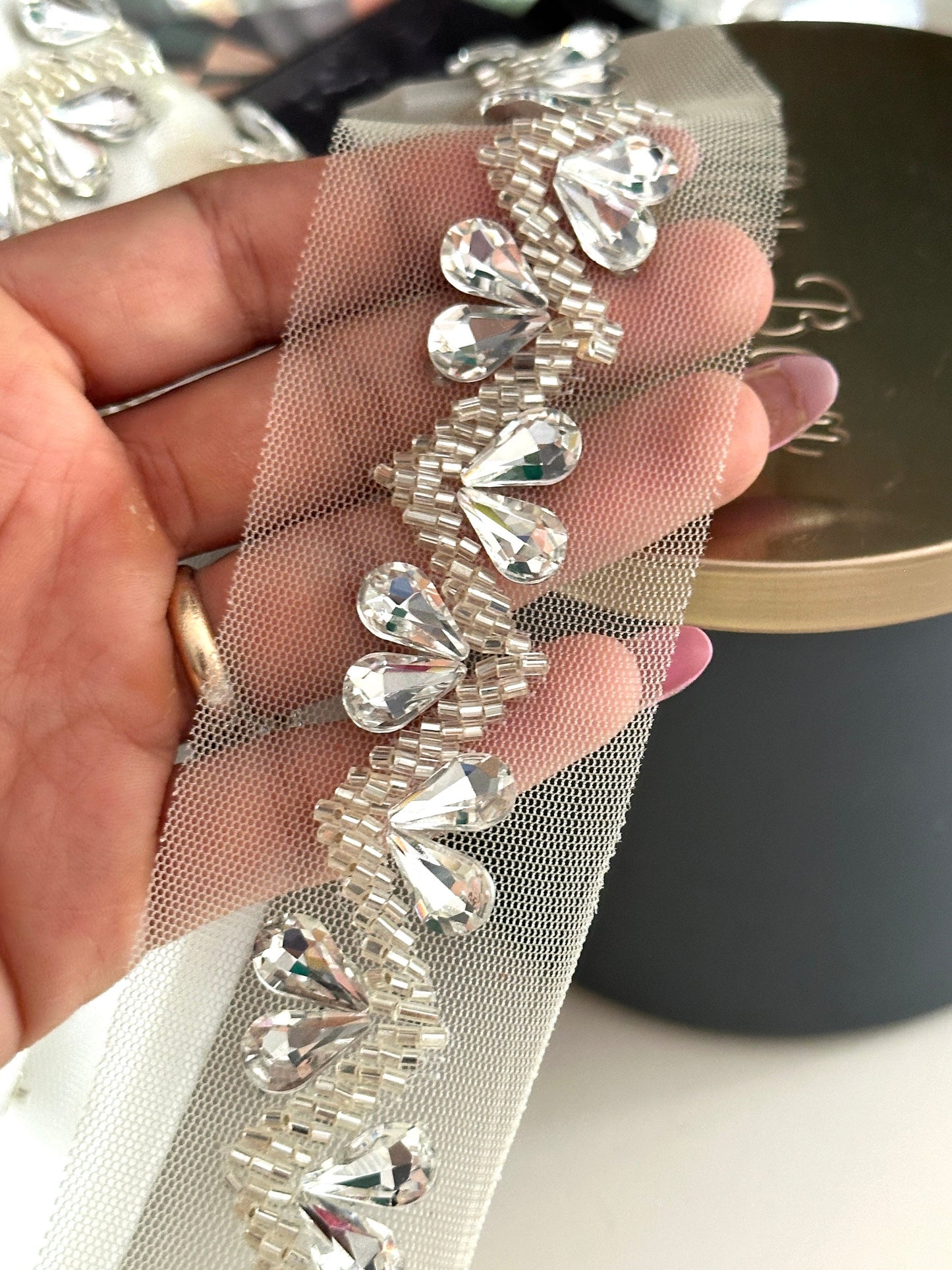 Silver Crystal Rhinestone Beaded Applique Trim 2cm Handmade Bridal Crystal Rhinestone Lace
