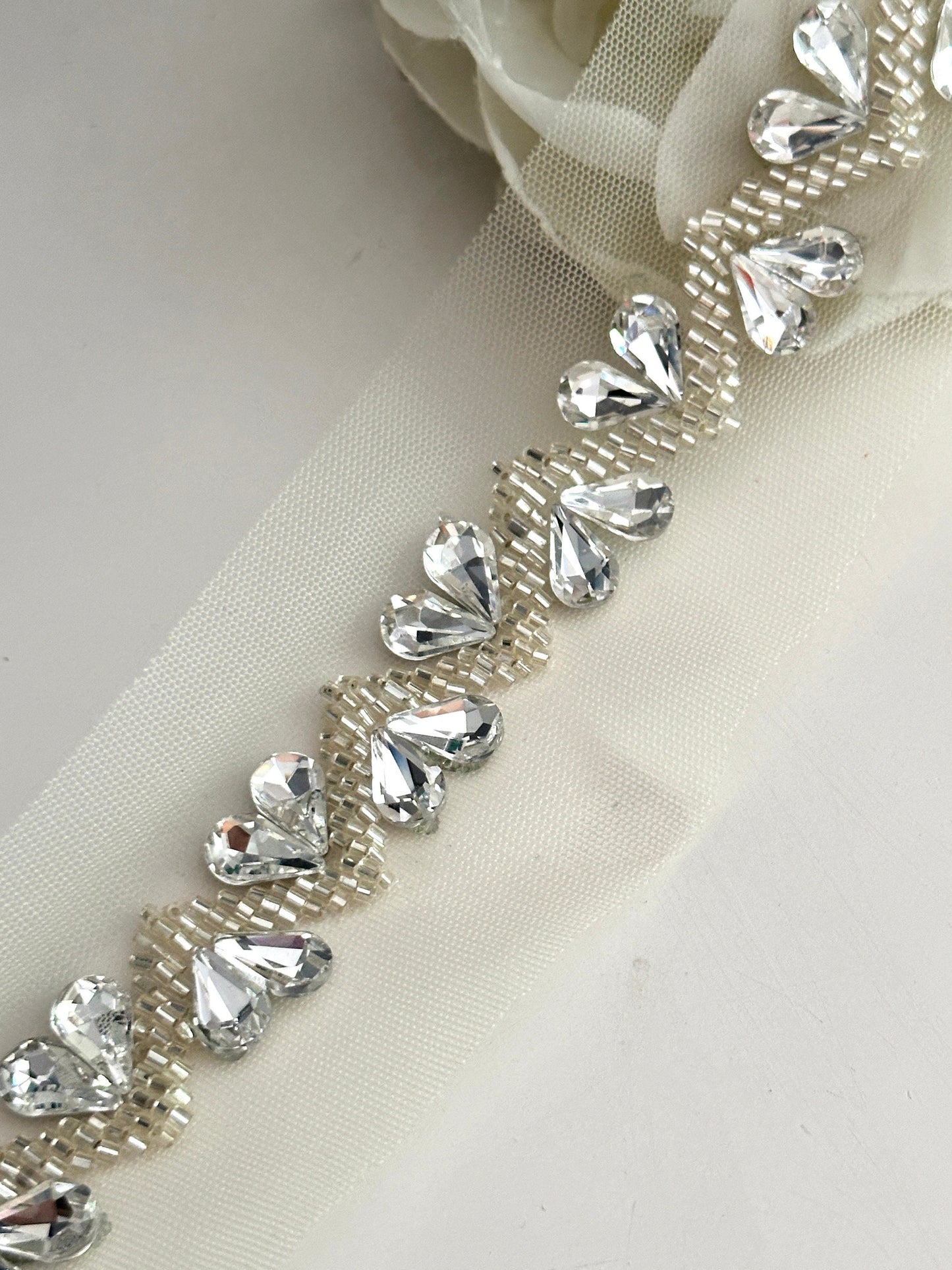 Silver Crystal Rhinestone Beaded Applique Trim 2cm Handmade Bridal Crystal Rhinestone Lace