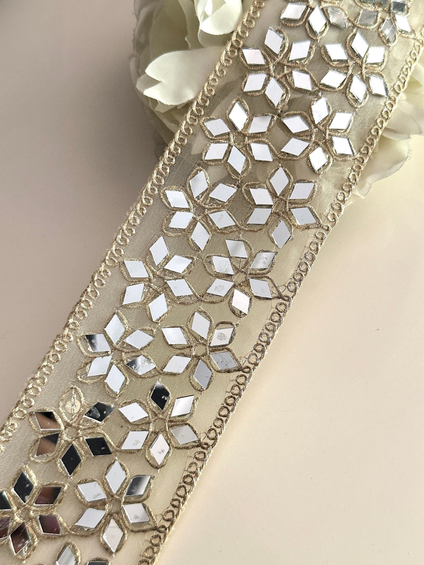 Indian Mirror Embellished Band Geometric Flower 6.5cm Choker Mirror Ribbon