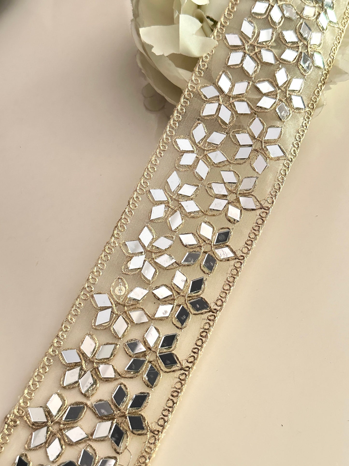 Indian Mirror Embellished Band Geometric Flower 6.5cm Choker Mirror Ribbon