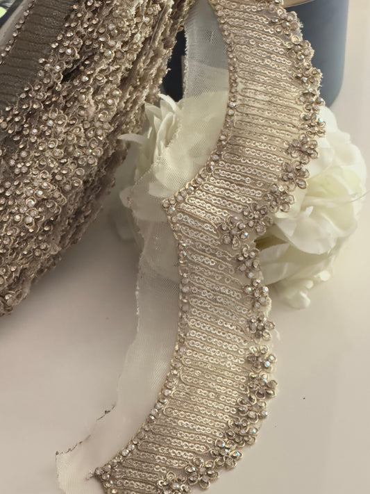 5cm Indian Scalloped Zircon Zari Sequin Embellished Sari Trim