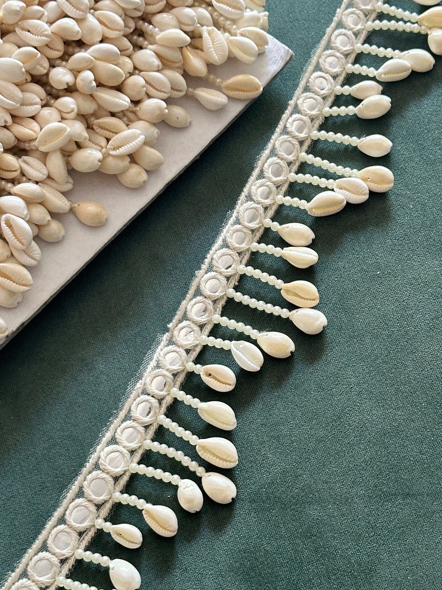 White Pearl & Cowri Shell Decorative Tassel Mirror Tassel Boho Edging Latkan Trim