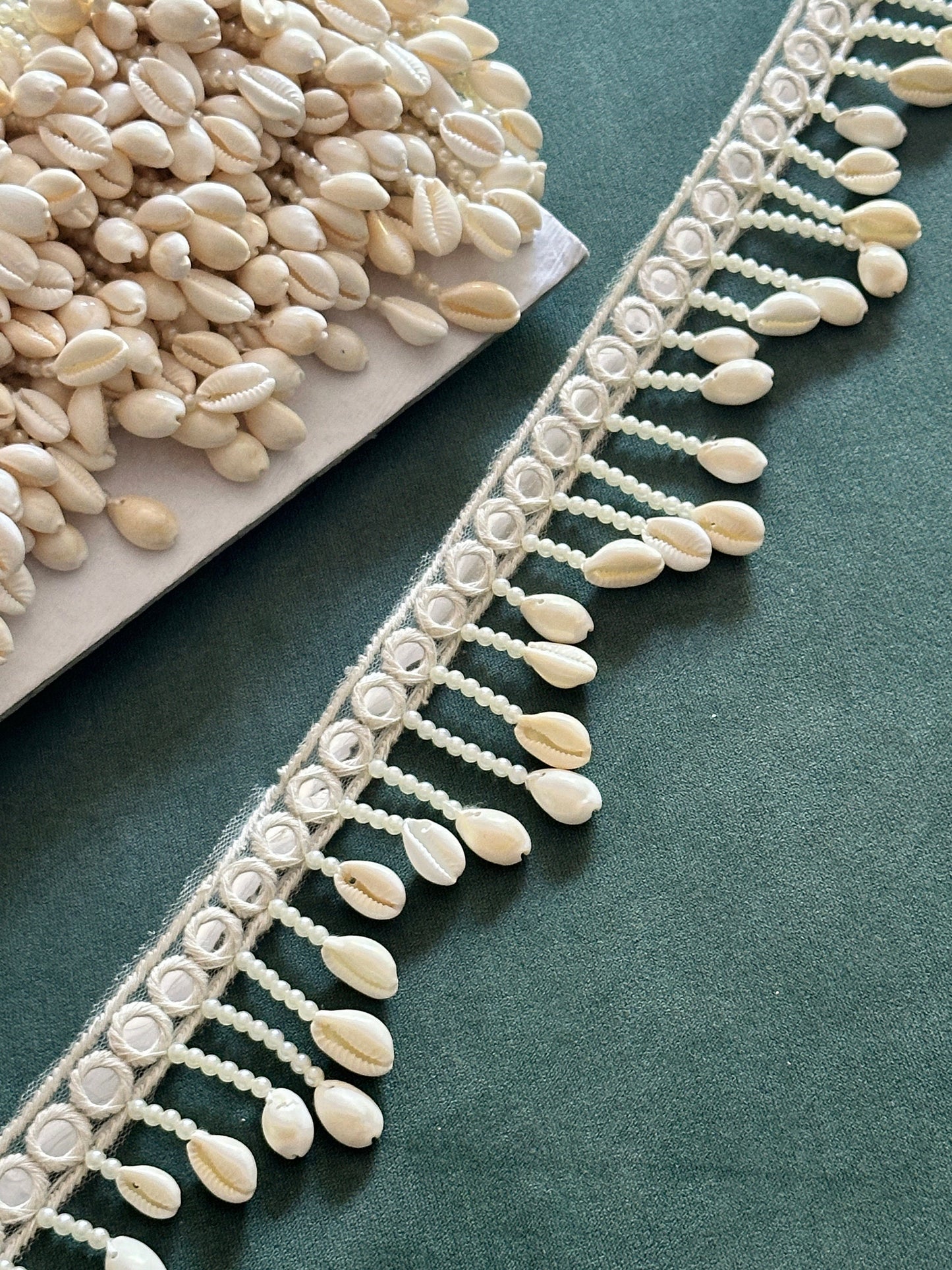 White Pearl & Cowri Shell Decorative Tassel Mirror Tassel Boho Edging Latkan Trim