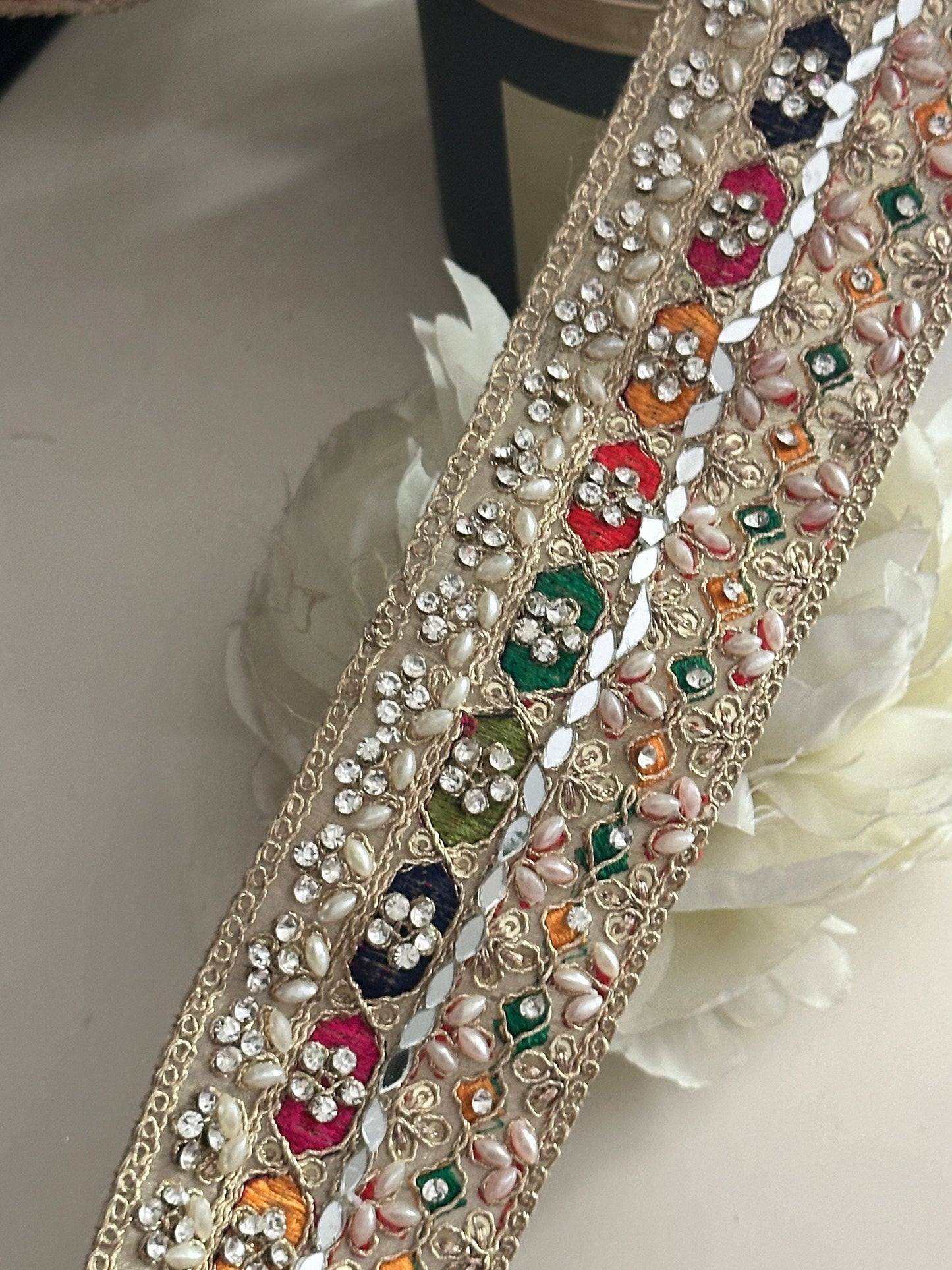 Pearl Embellished Colourful Indian Embroidery ribbon 5.5cm Premium Lace trim