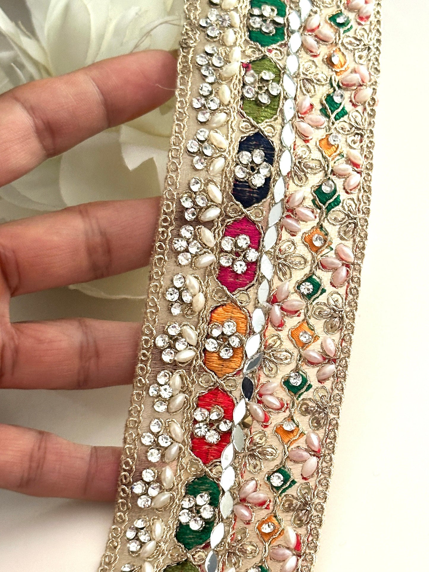 Pearl Embellished Colourful Indian Embroidery ribbon 5.5cm Premium Lace trim