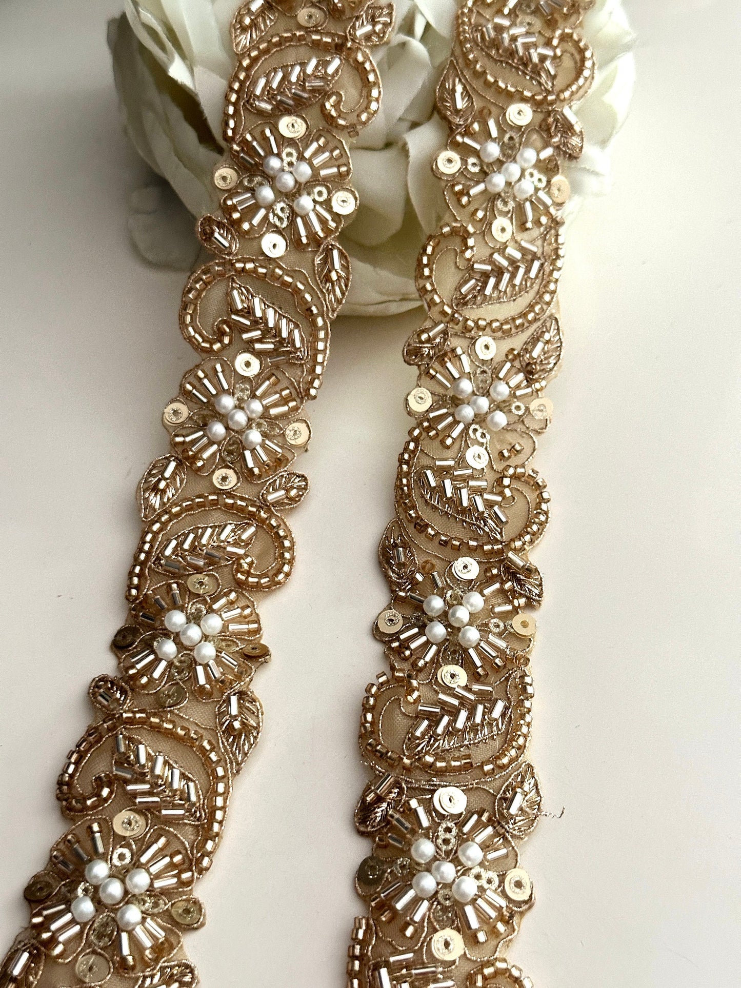 Gold Glass Bead Pearl 3cm Embellished Bridal Lace Crafting Cushion Trim