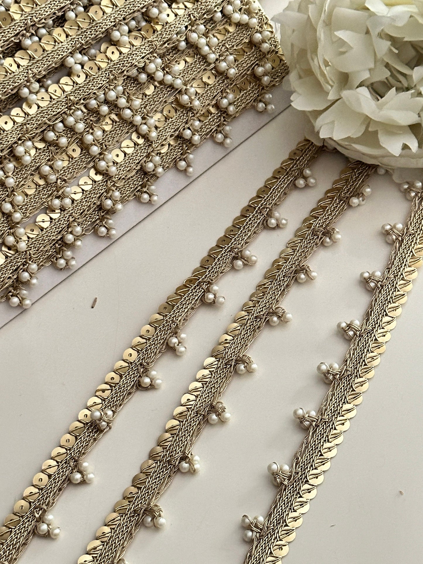 Pearl Beaded Lace Metallic Sequin Trim Pearl Lace Border Bridal Costume Trim Tassel Pearl Edging Lace