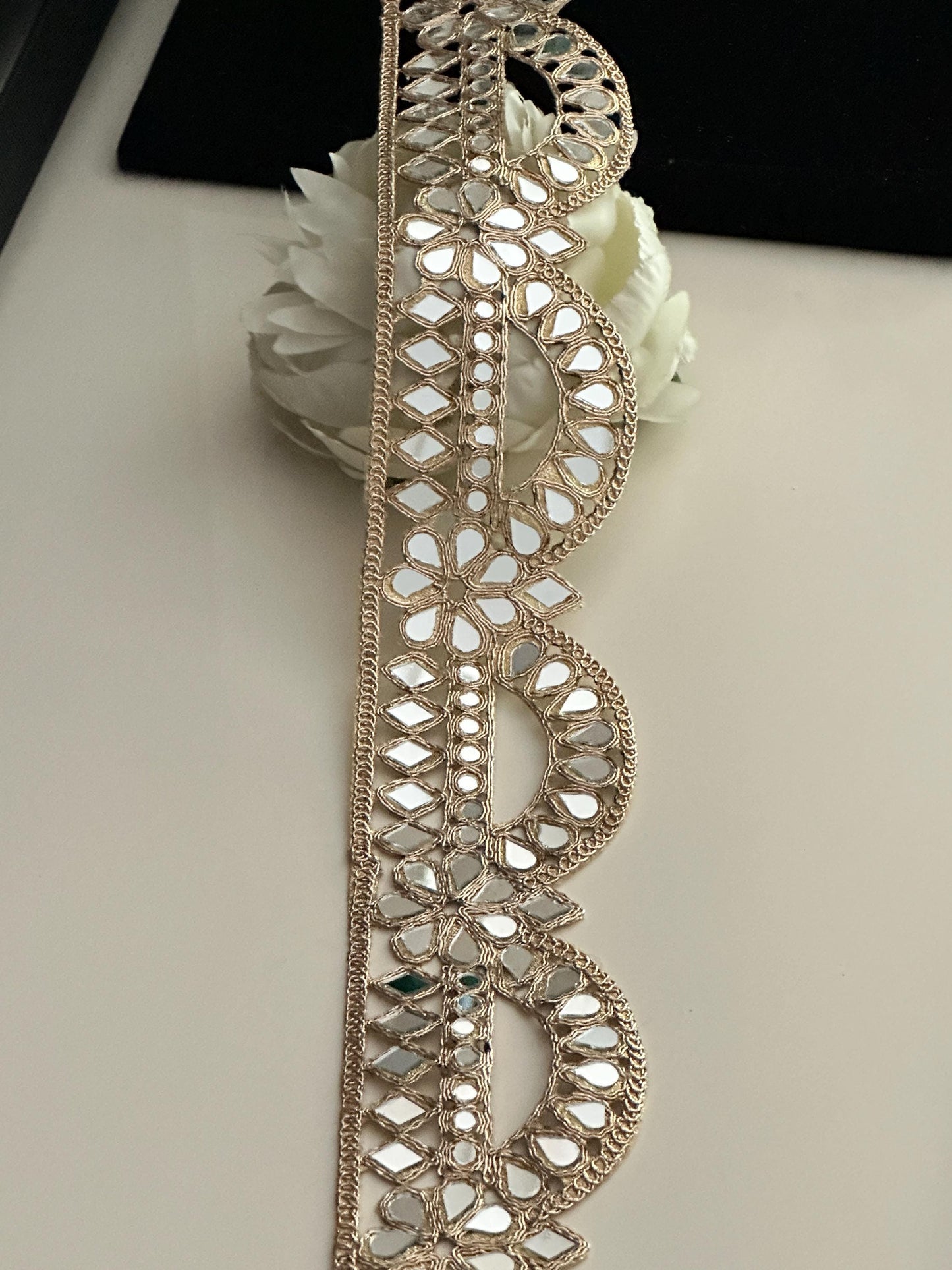 Rose Gold Indian Mirror Cutwork Broad Border Indian Dress Embellishment
