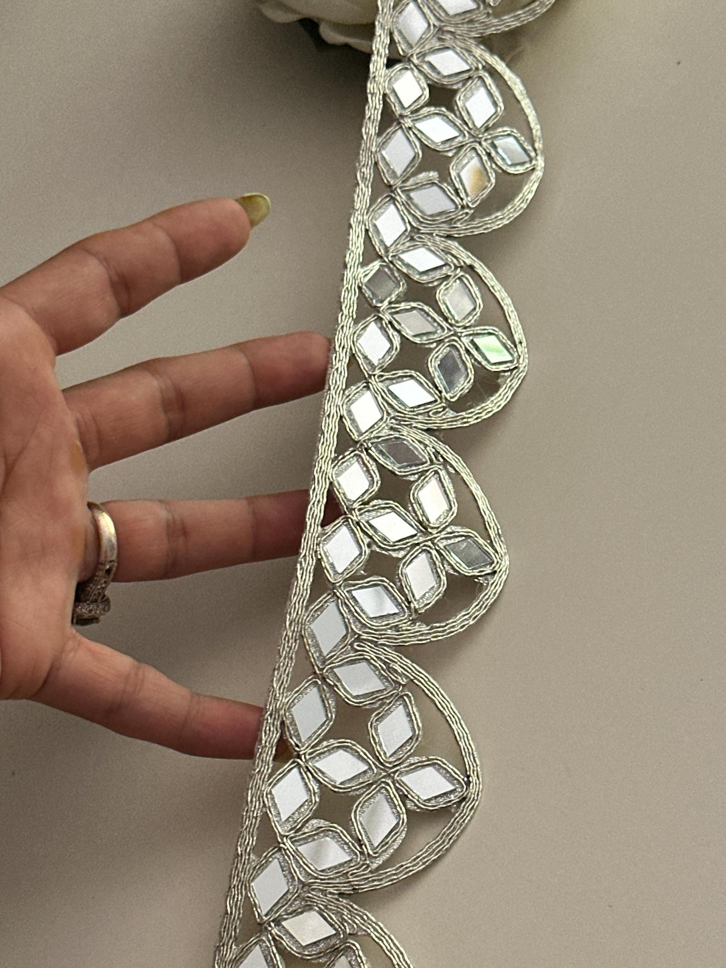 Silver Scalloped Border Indian Mirror Work Collar Choker Band Mirror Belt