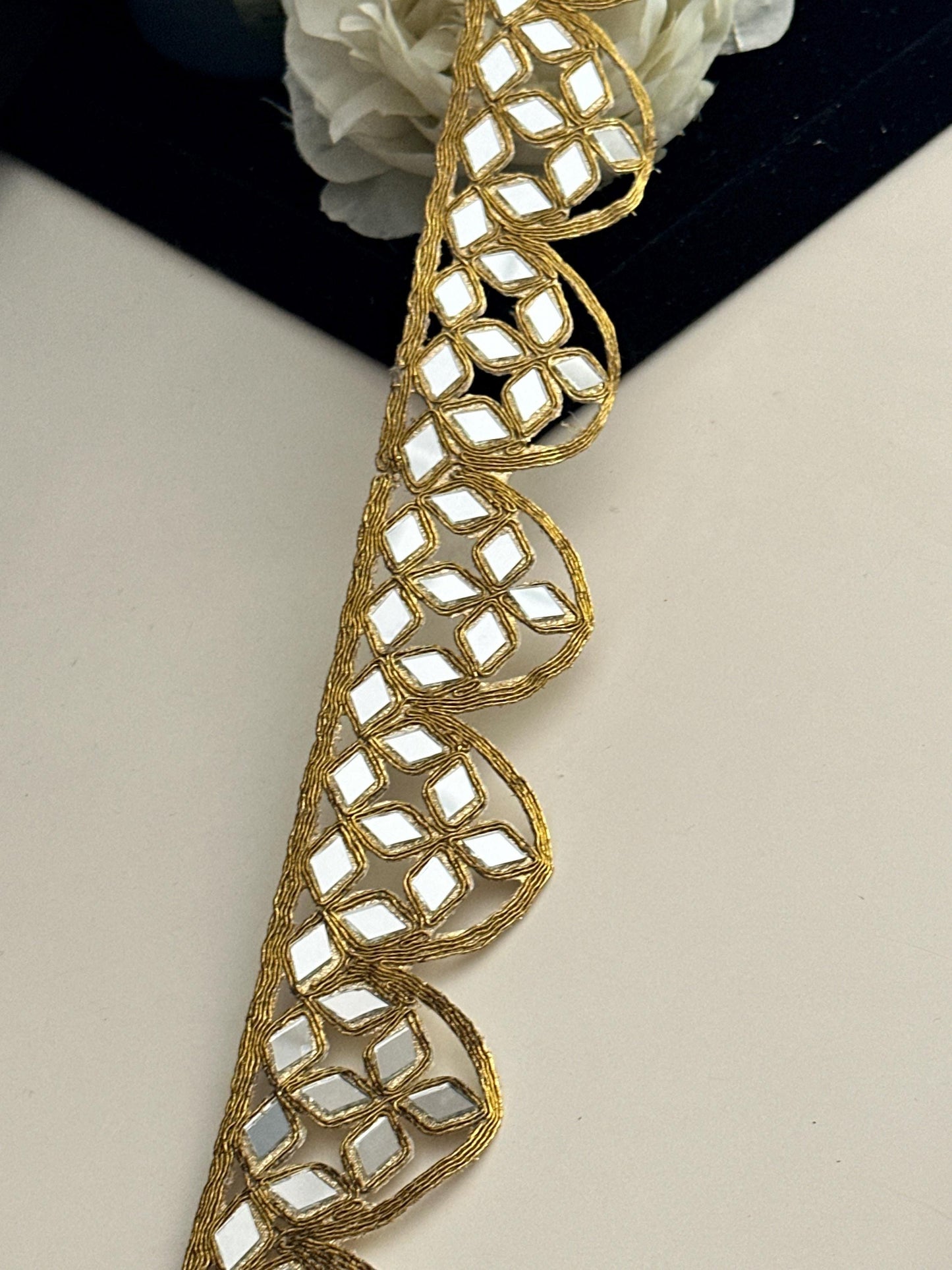 Antique Gold Scalloped Border Indian Mirror Work Collar Choker Band Mirror Belt