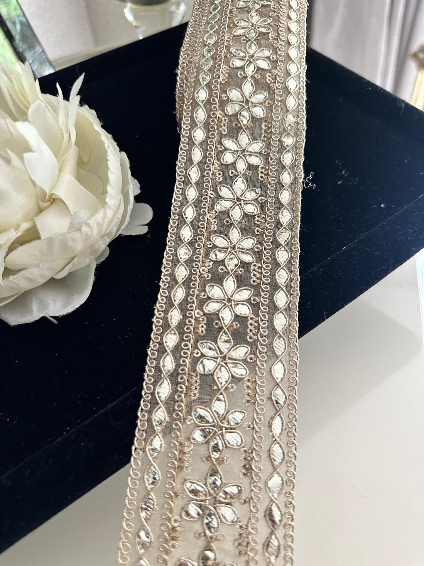 Hand-Embroidered Gota Border Sheer Trim 5cm with Silver Zari Indian Traditional Border