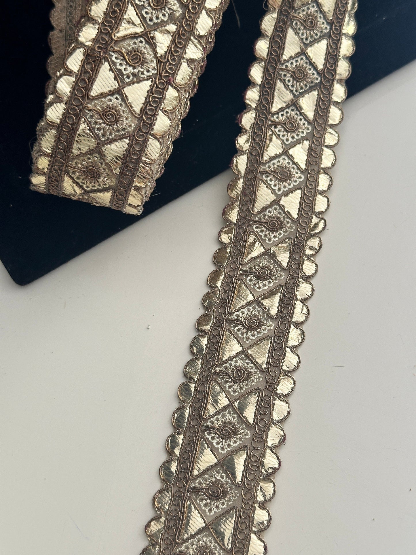 Gota Patti Embroidered Indian Border Trim 3cm in Silver Water Gold and Antique Brown