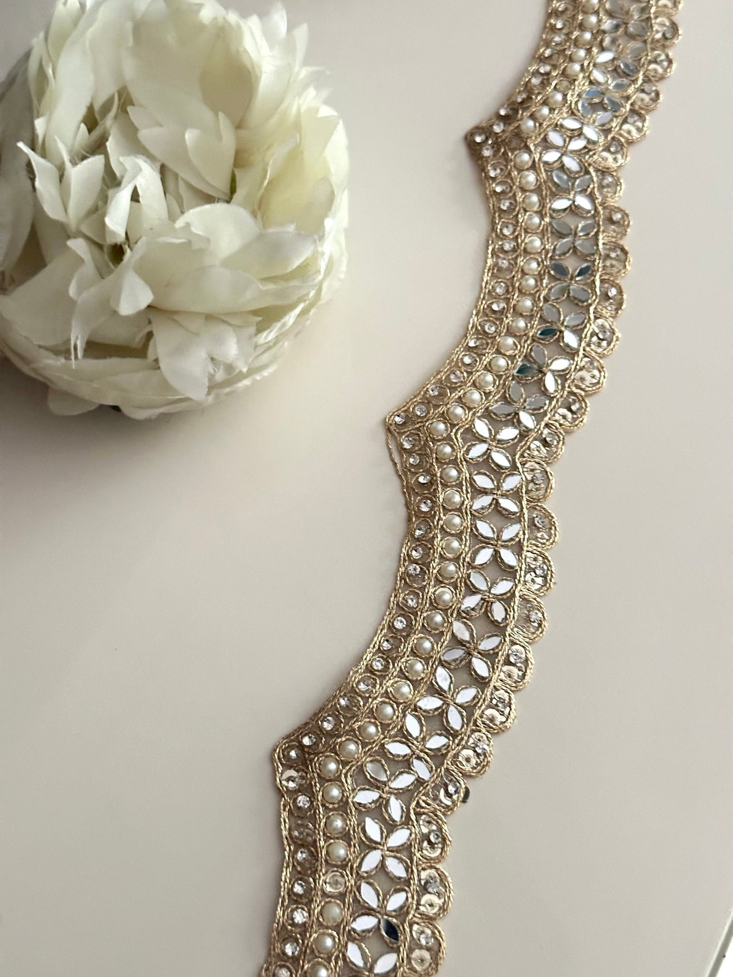 4cm Scalloped Indian Embroidered Border Pearl Bead Mirror & Zircon Trim