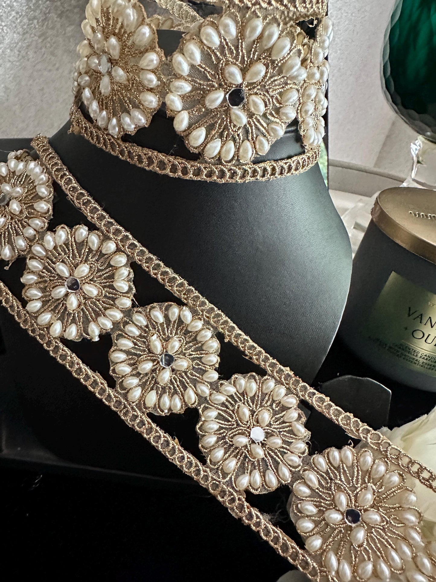 Round Gold Wedding lace Pearl and Zircon embroidery bridal waist band
