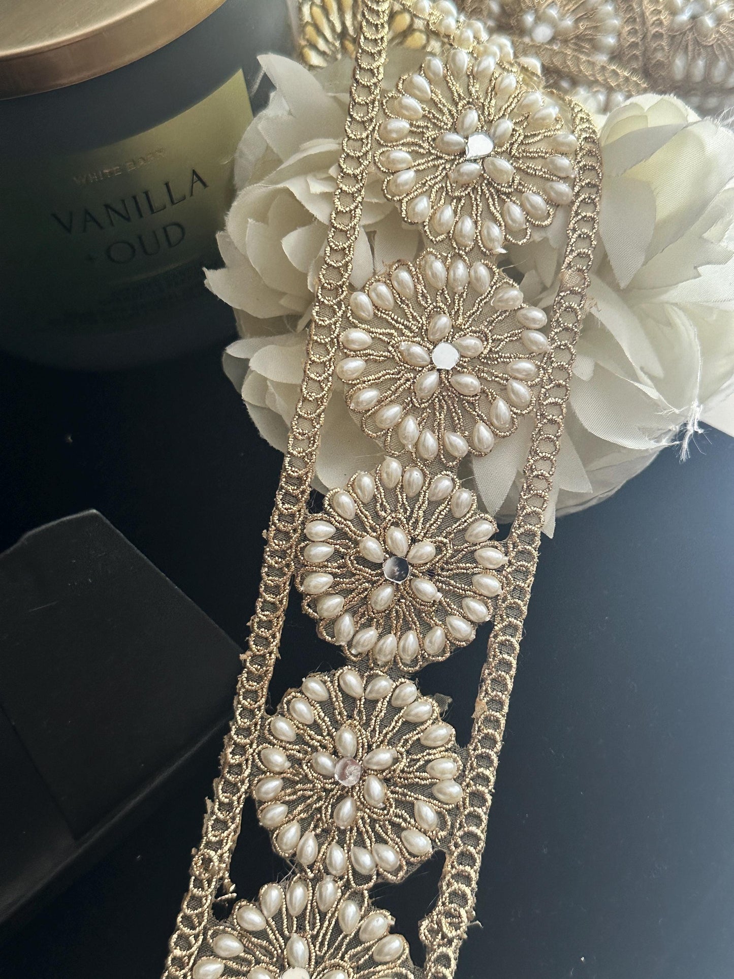 Round Gold Wedding lace Pearl and Zircon embroidery bridal waist band