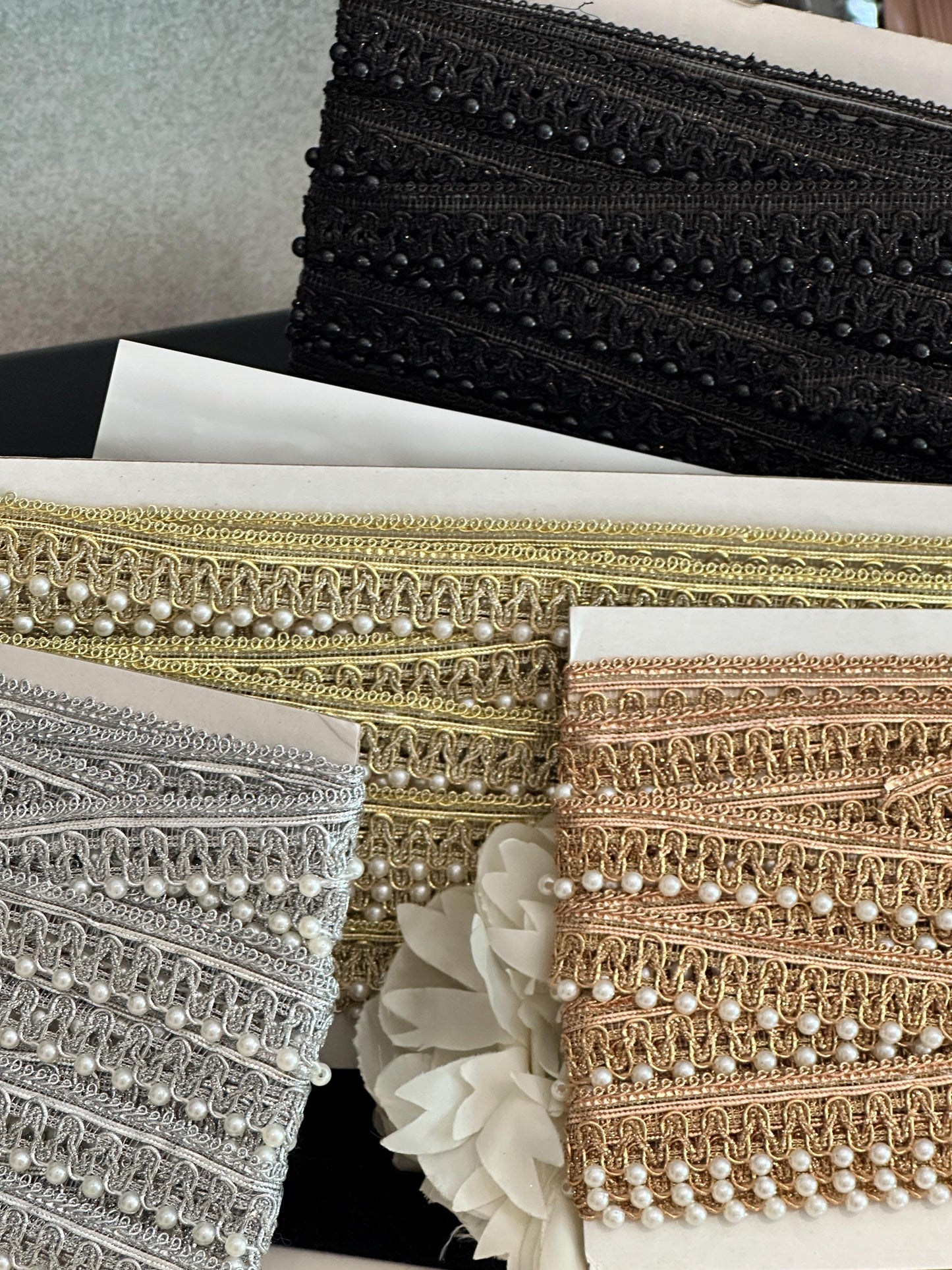Pearl Beaded Lace Metallic Trim Pearl Lace Border Bridal Costume Trim Tassel Pearl Edging Lace