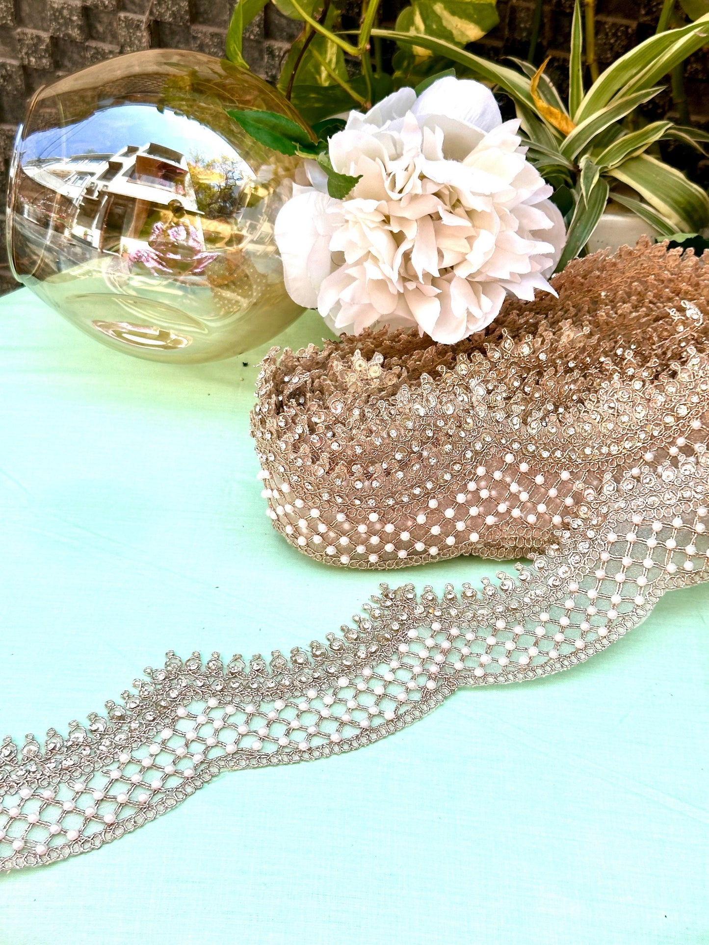 Rose gold pearl and zircon indian embroidery scalloped sari trim dupatta border