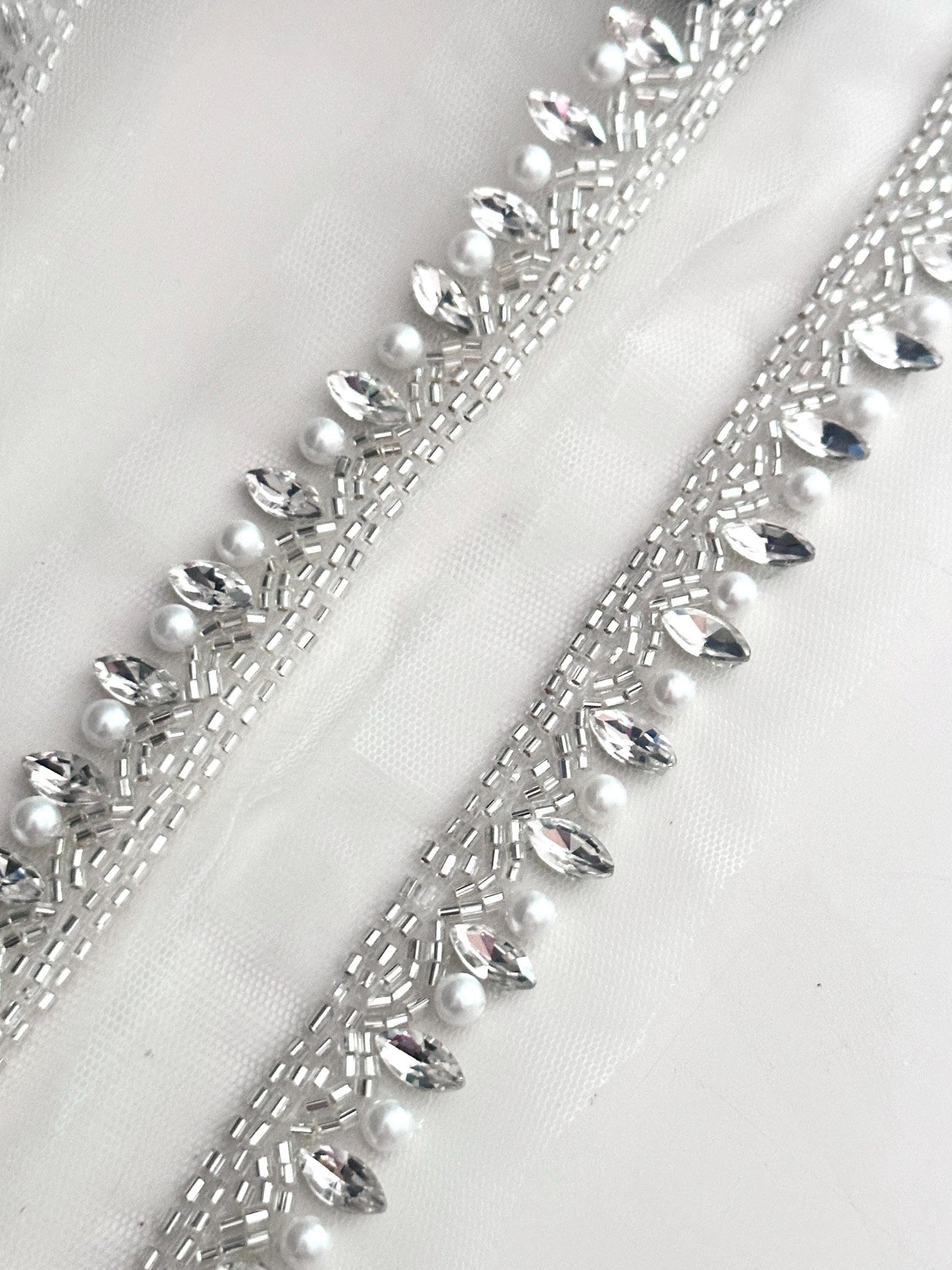 Metallic Silver Crystal Rhinestone Beaded Lace Applique Handmade Bridal Rhinestone Lace
