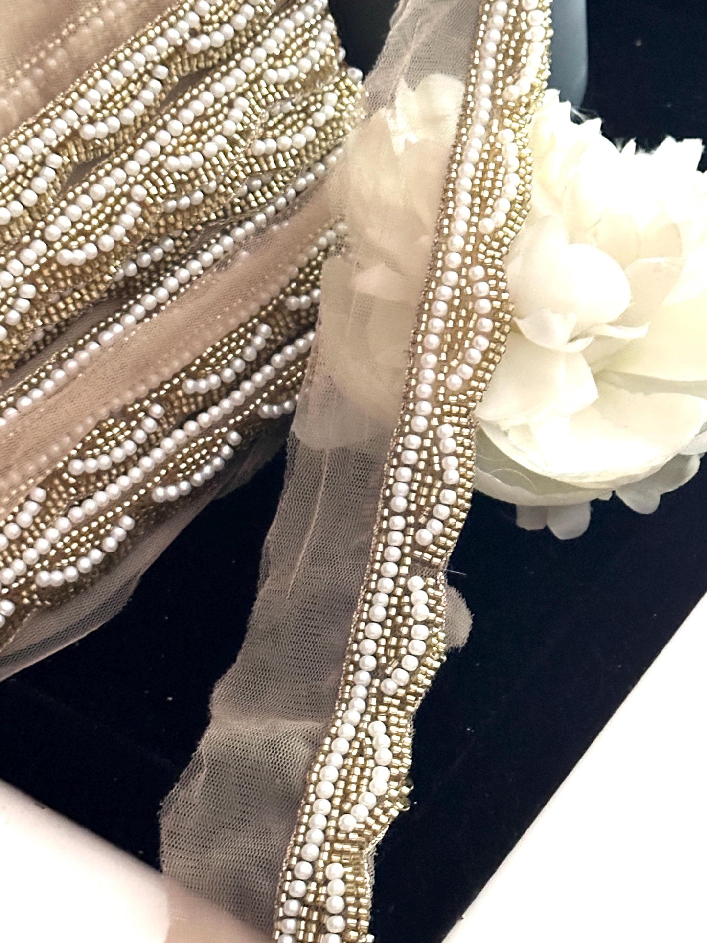 Pearl Beaded Lace Trim Glass Beads Indian Handmade Border Lace trim