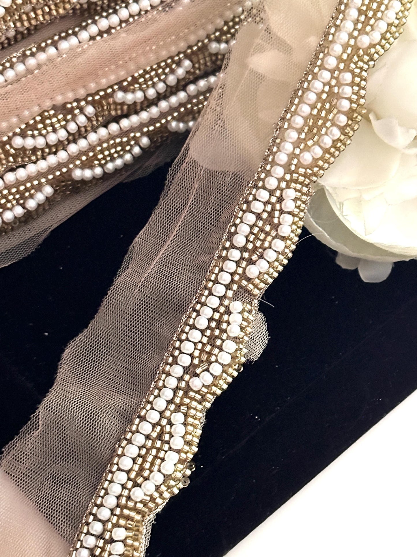 Pearl Beaded Lace Trim Glass Beads Indian Handmade Border Lace trim