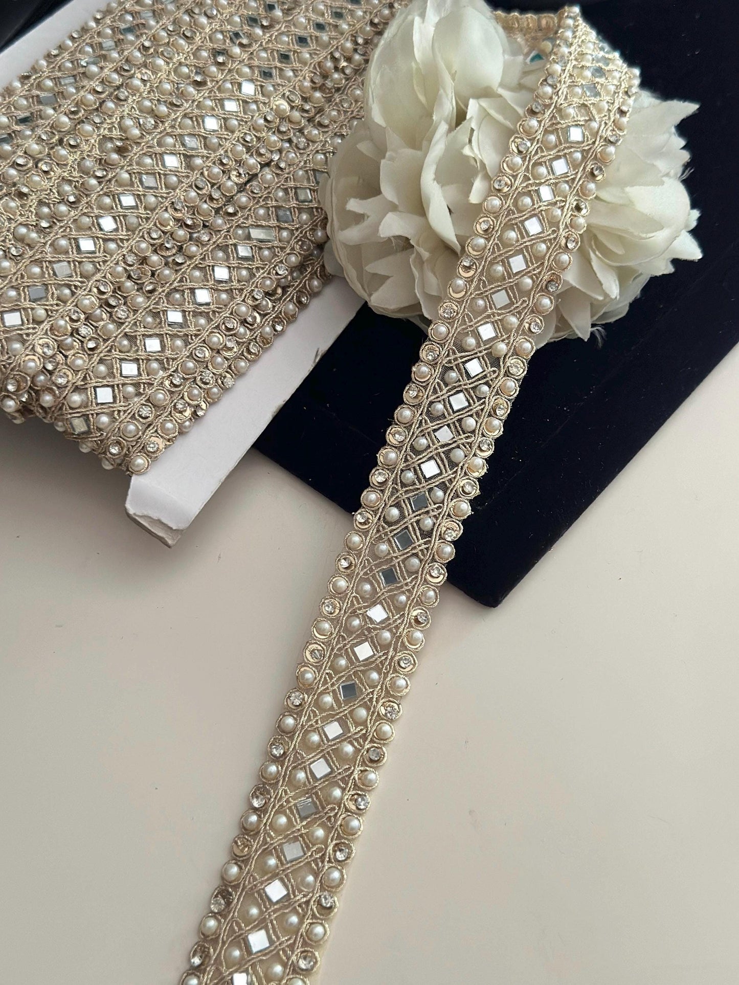 Golden Real Mirror Trim 3cm with Pearls Glamourous Dress Embellishment Lace