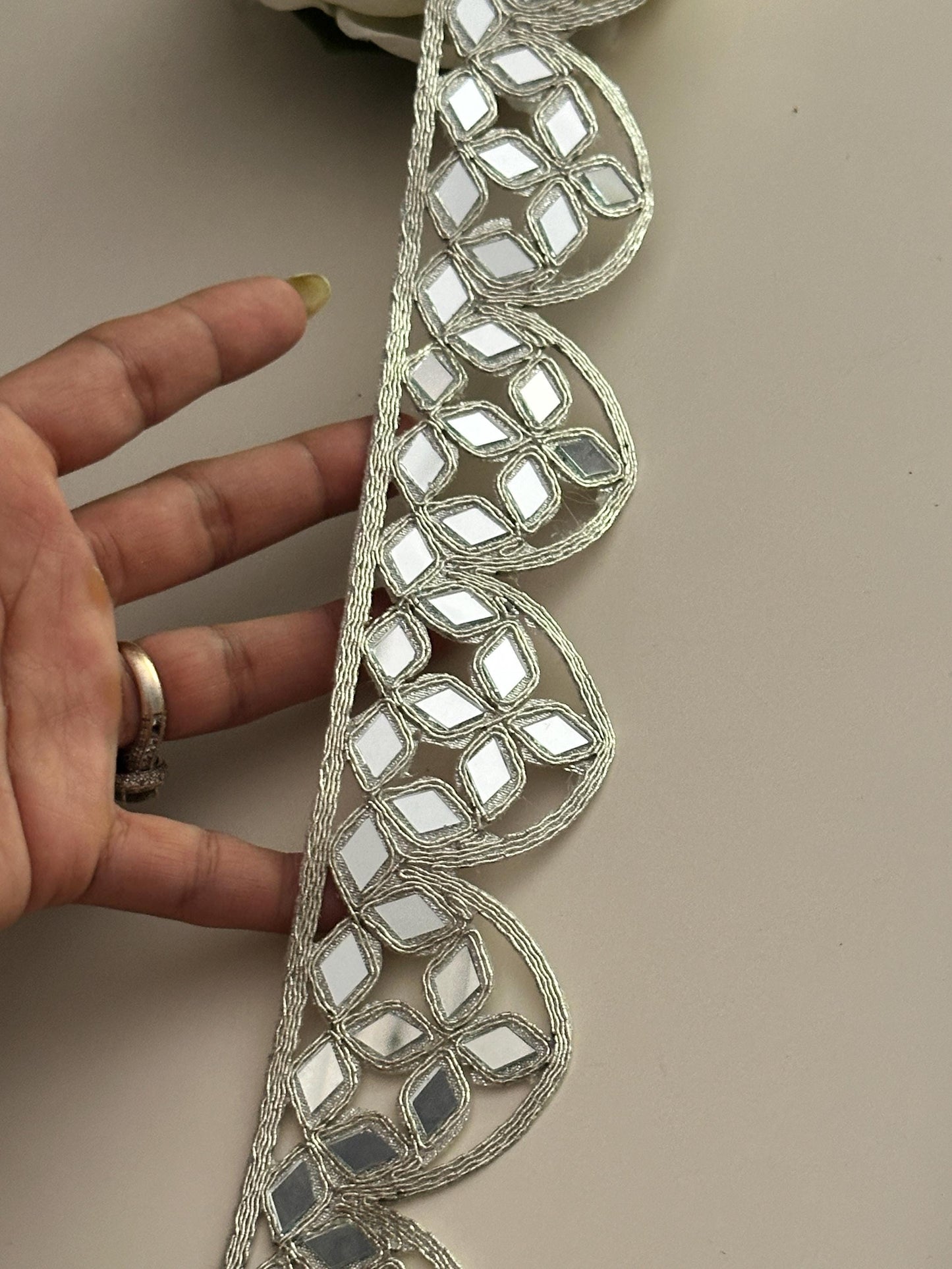 Silver Scalloped Border Indian Mirror Work Collar Choker Band Mirror Belt