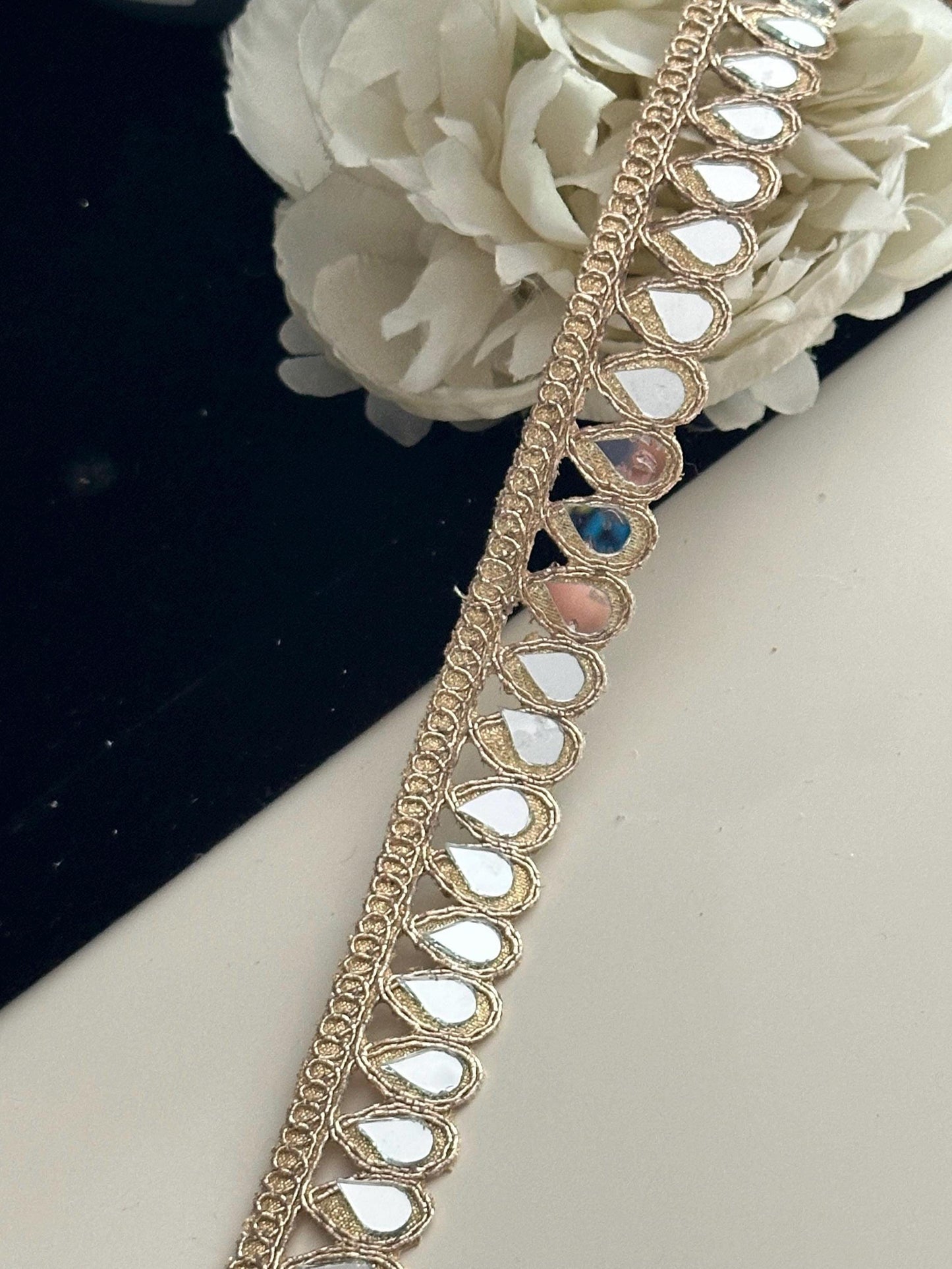 TearDrop Real Mirror Trim Lace Rose Gold Indian Embroidered Wedding Sash Supply