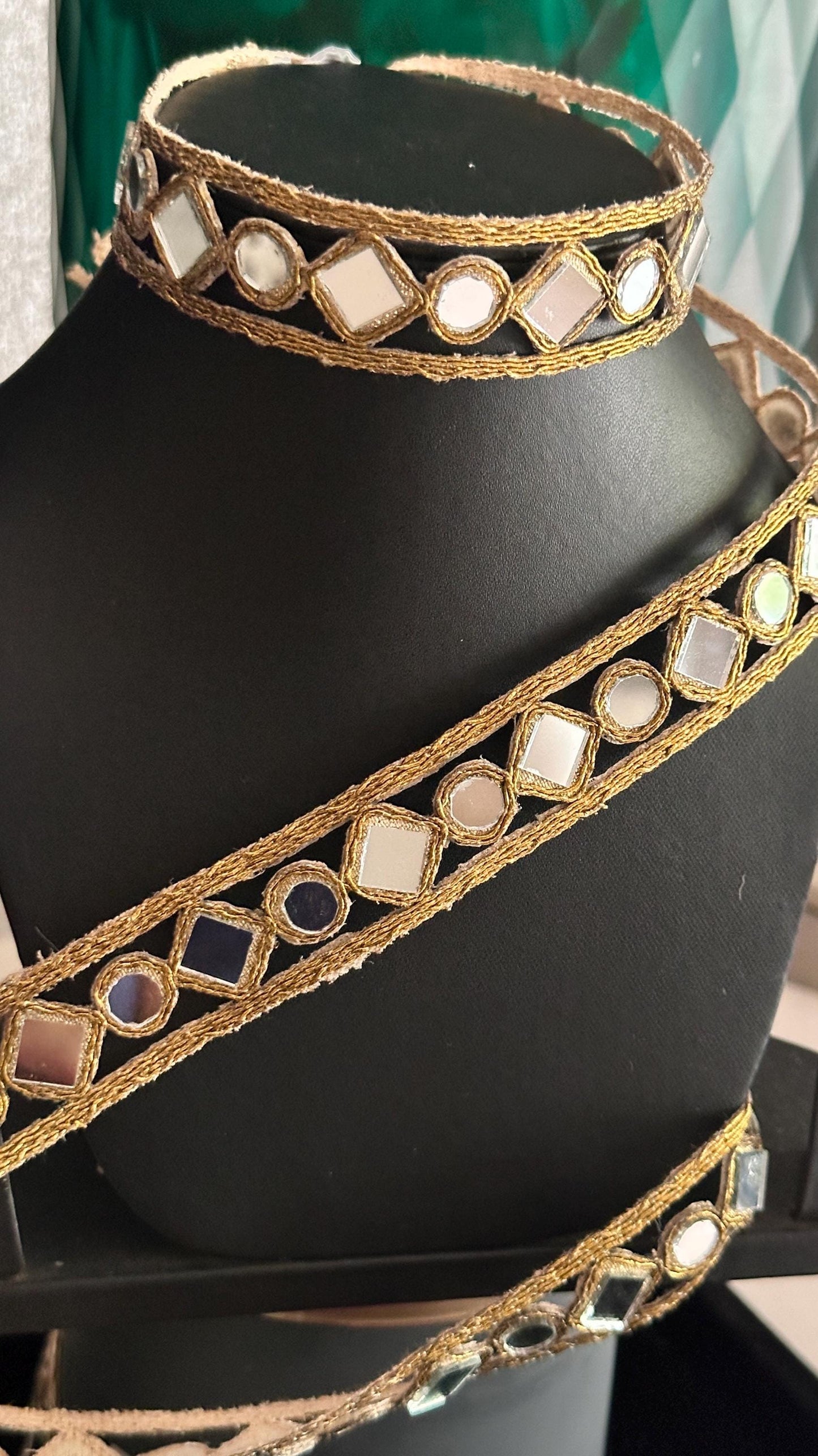 Indian Gold Mirror Trim Lace Indian Embroidered Geometric Design for DIY