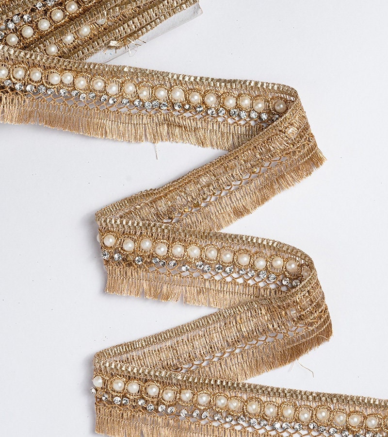 Pearl Crystal Zircon Lace Rhinestone Zari Fringe Lace Tassel Indian Zari Lace For Unique Holiday Gift Décor