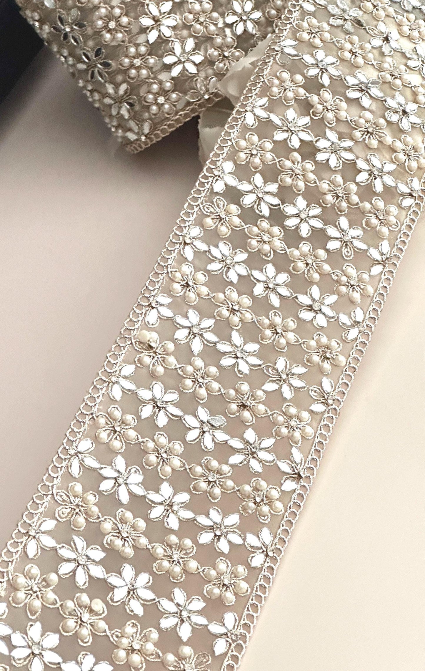 Pearl Mirror Embellished zircon lace trim Gold Flower Pattern Sari Ribbon