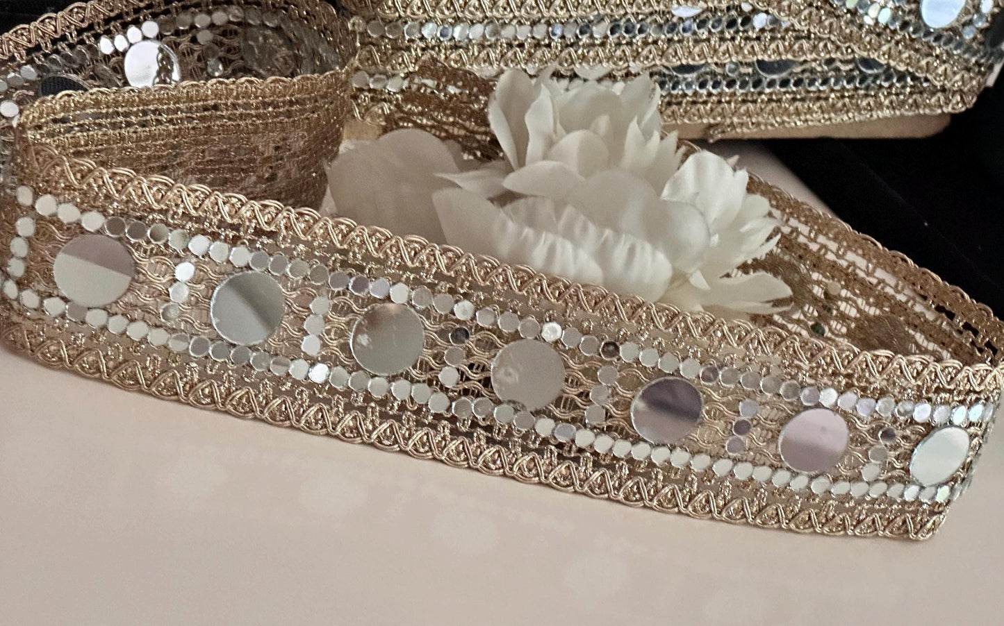 Gold Mirror Sparkly Belt Festive Outfit Accessory Waist Mirror Band Zari Trim